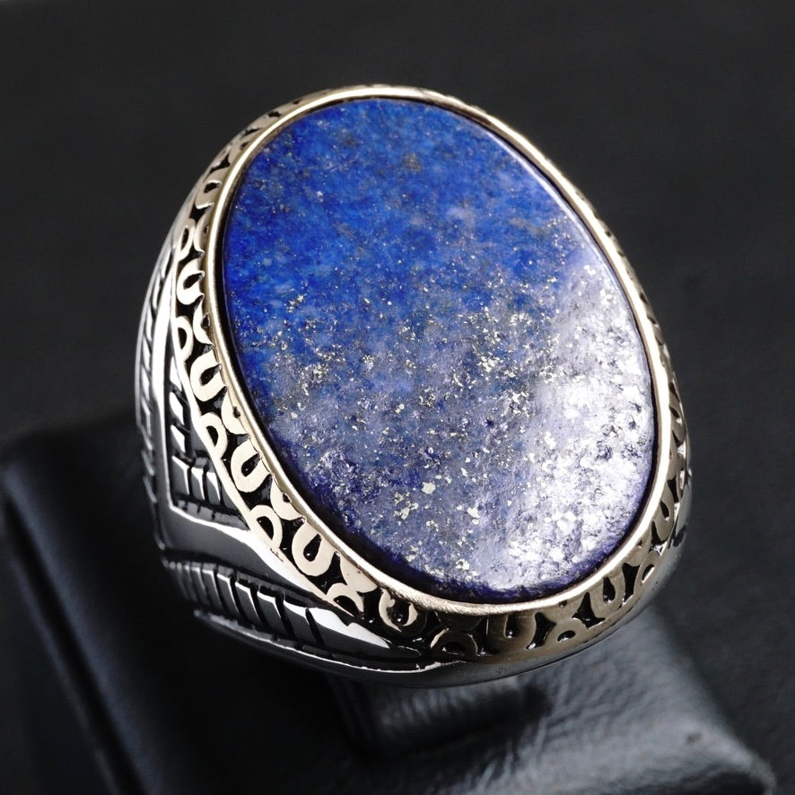 Lapis Lazuli Statement Ring for Men – Flat Natural Gemstone in Solid Sterling Silver
