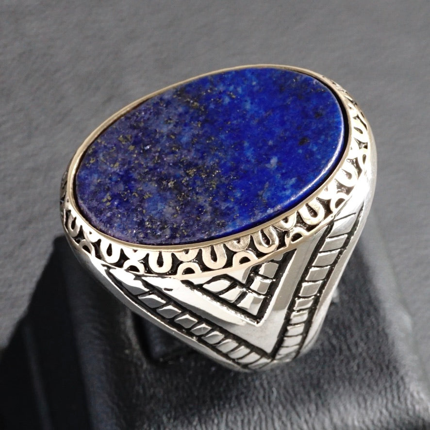 Lapis Lazuli Statement Ring for Men – Flat Natural Gemstone in Solid Sterling Silver