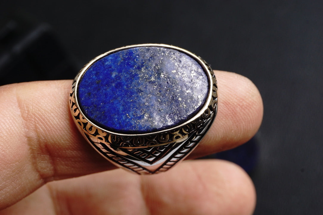 Lapis Lazuli Statement Ring for Men – Flat Natural Gemstone in Solid Sterling Silver