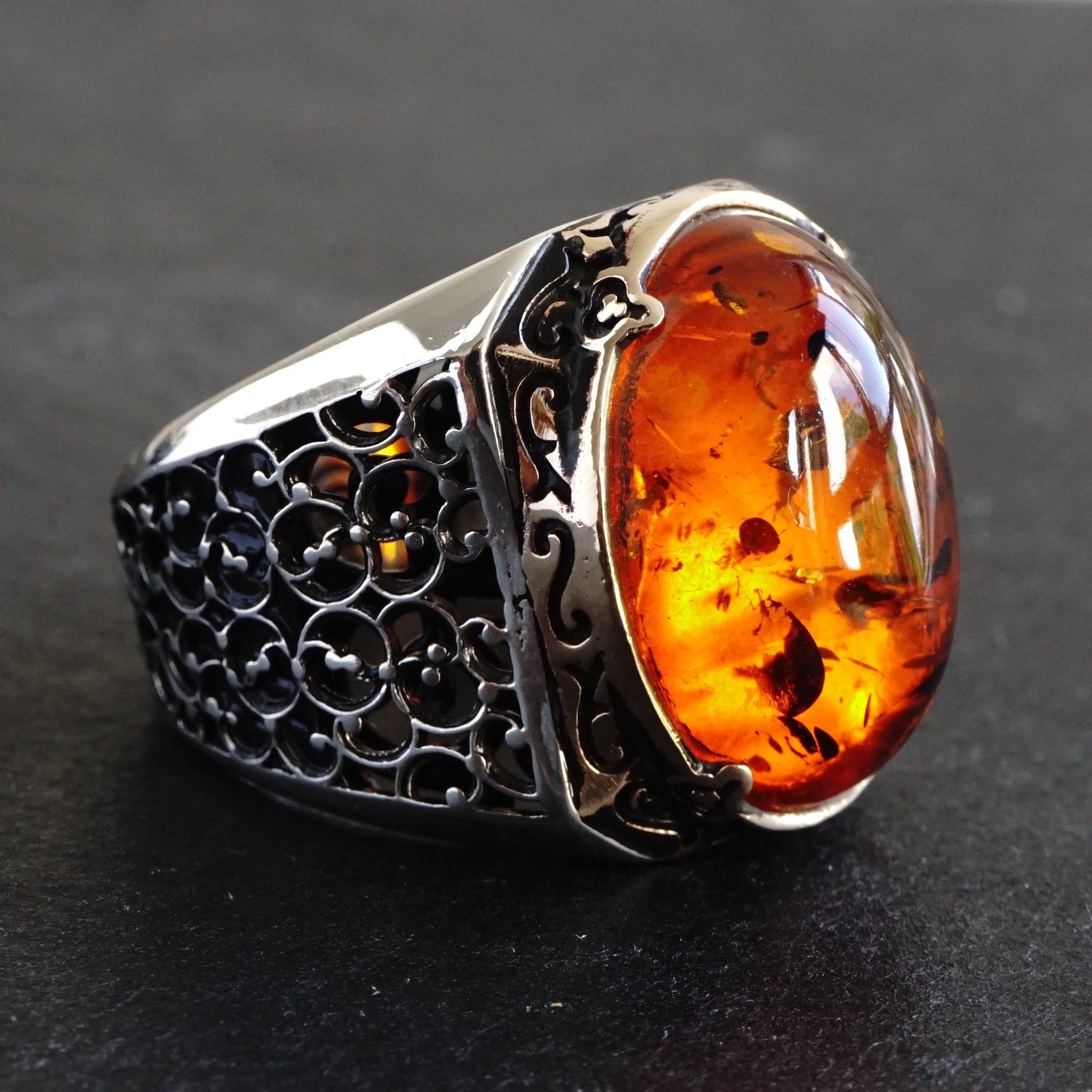 925 Sterling Silver Men's Ring Amber Stone - Handcrafted Turkish Artisan Jewelry in Size 10