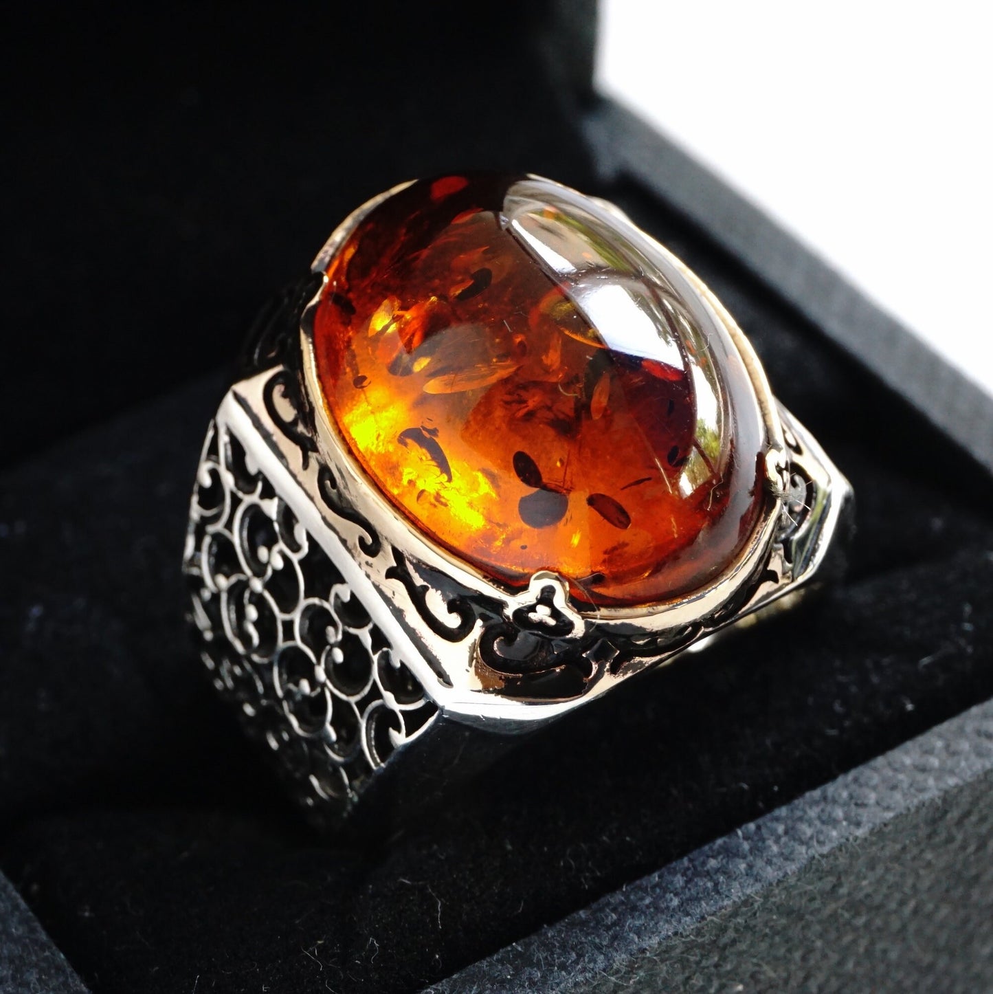 925 Sterling Silver Men's Ring Amber Stone - Handcrafted Turkish Artisan Jewelry in Size 10