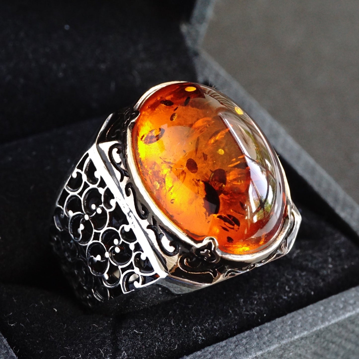 925 Sterling Silver Men's Ring Amber Stone - Handcrafted Turkish Artisan Jewelry in Size 10