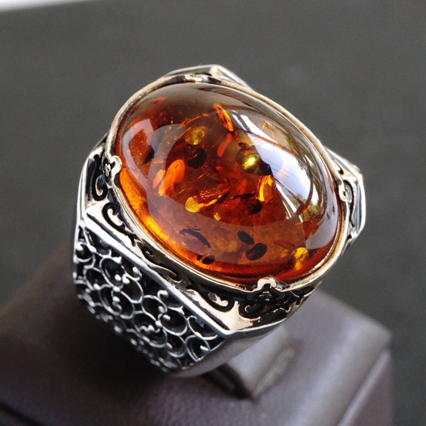 925 Sterling Silver Men's Ring Amber Stone - Handcrafted Turkish Artisan Jewelry in Size 10