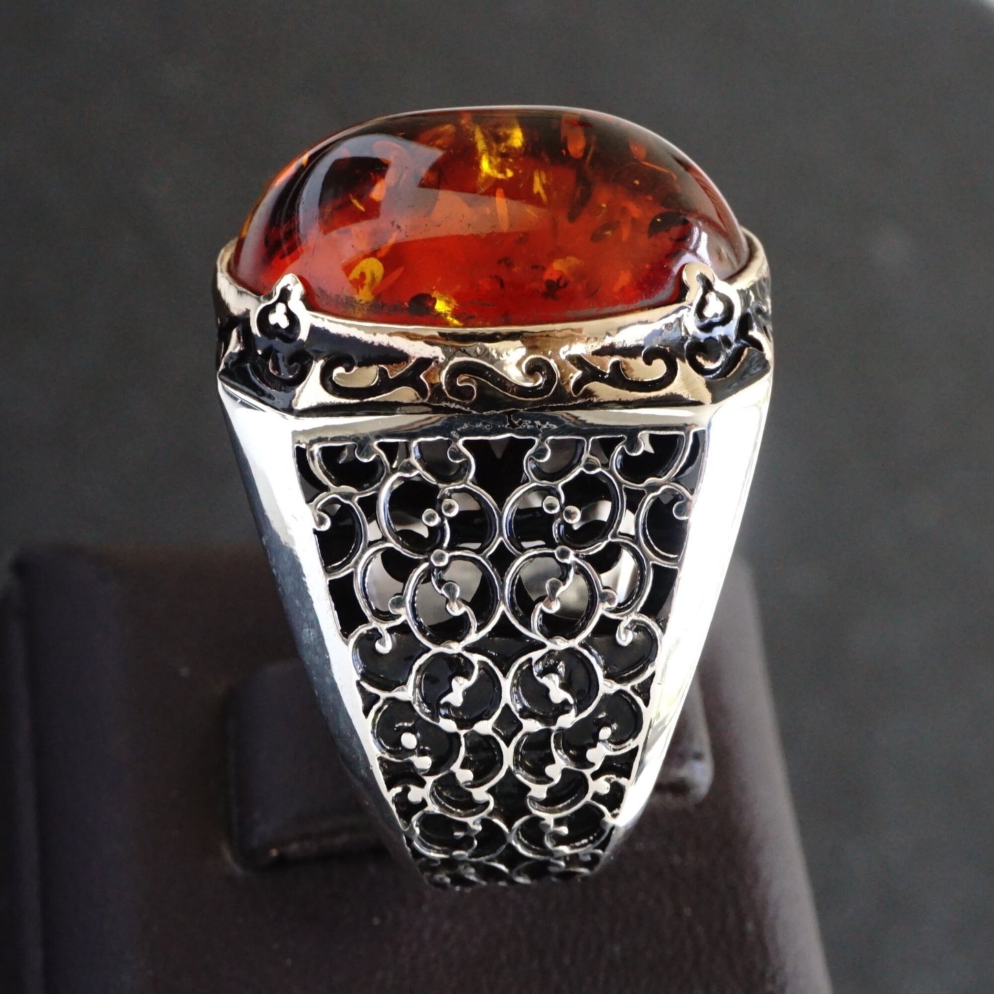 925 Sterling Silver Men's Ring Amber Stone - Handcrafted Turkish Artisan Jewelry in Size 10