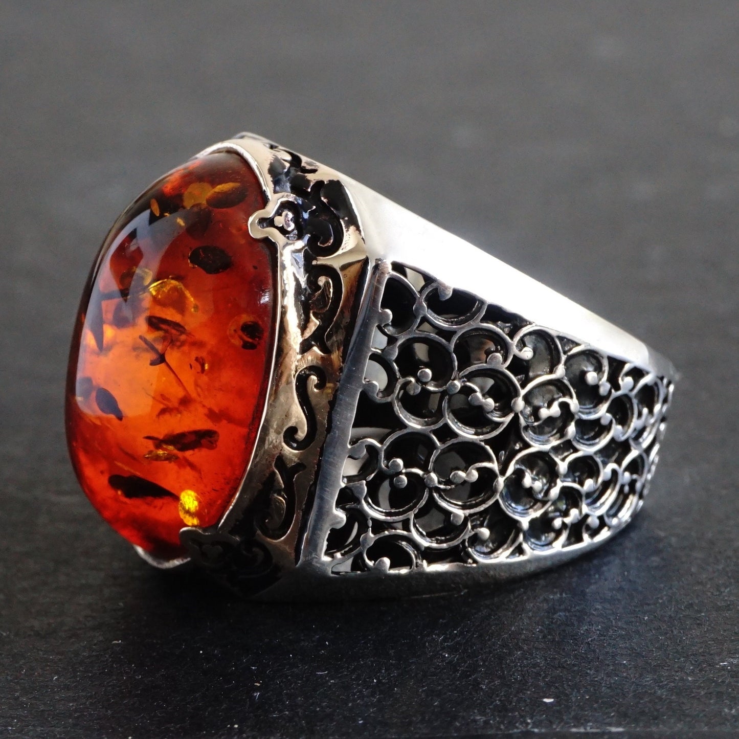 925 Sterling Silver Men's Ring Amber Stone - Handcrafted Turkish Artisan Jewelry in Size 10