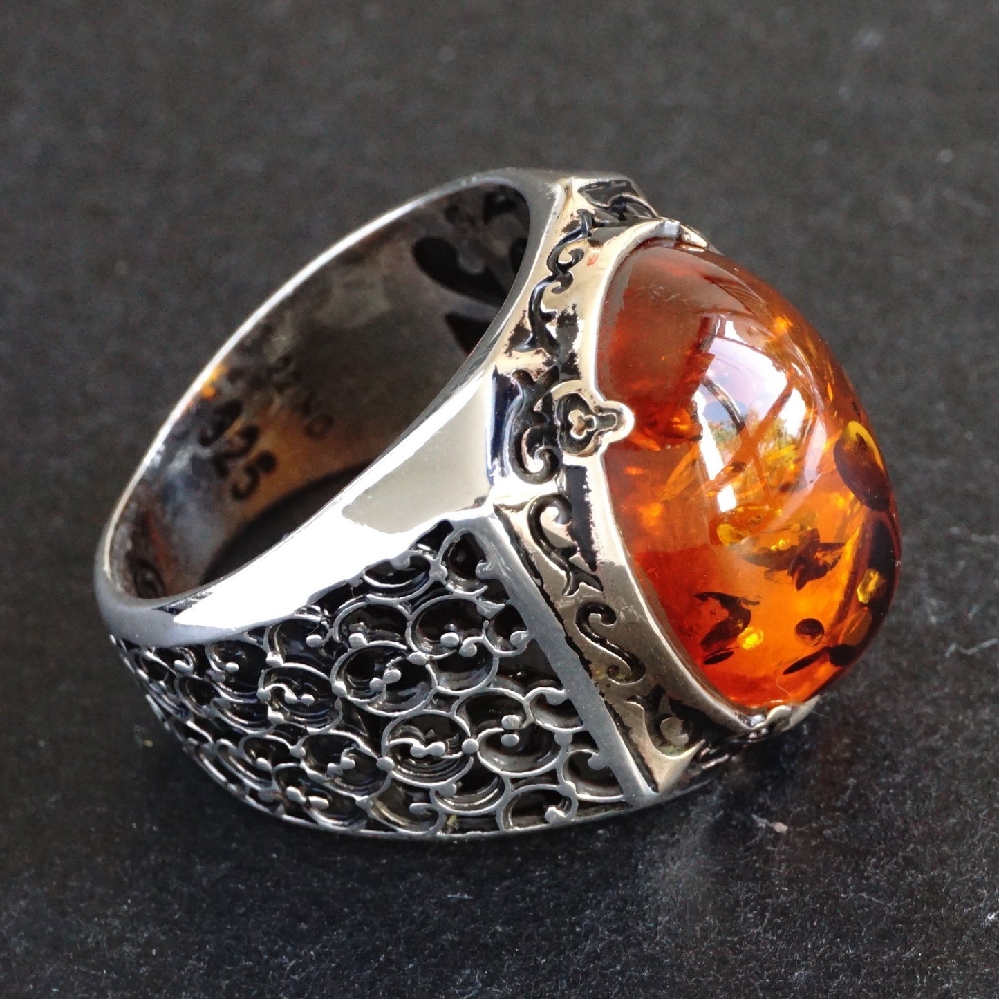 925 Sterling Silver Men's Ring Amber Stone - Handcrafted Turkish Artisan Jewelry in Size 10