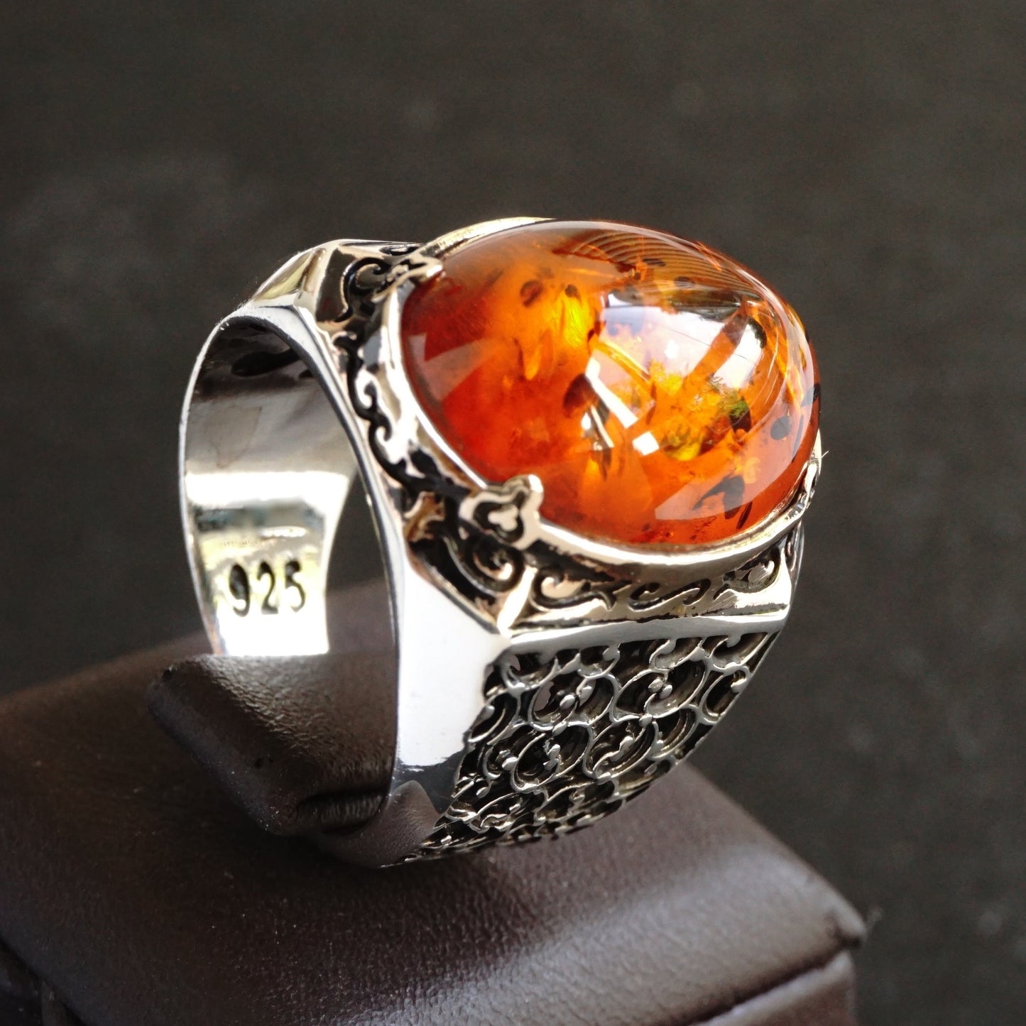 925 Sterling Silver Men's Ring Amber Stone - Handcrafted Turkish Artisan Jewelry in Size 10