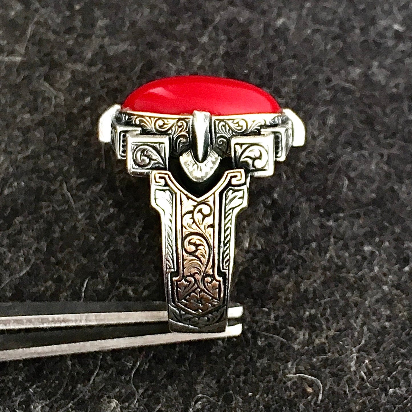 925 Sterling Silver Men's Signet Ring Natural Red Coral Stone - Size 12 Free Resizing