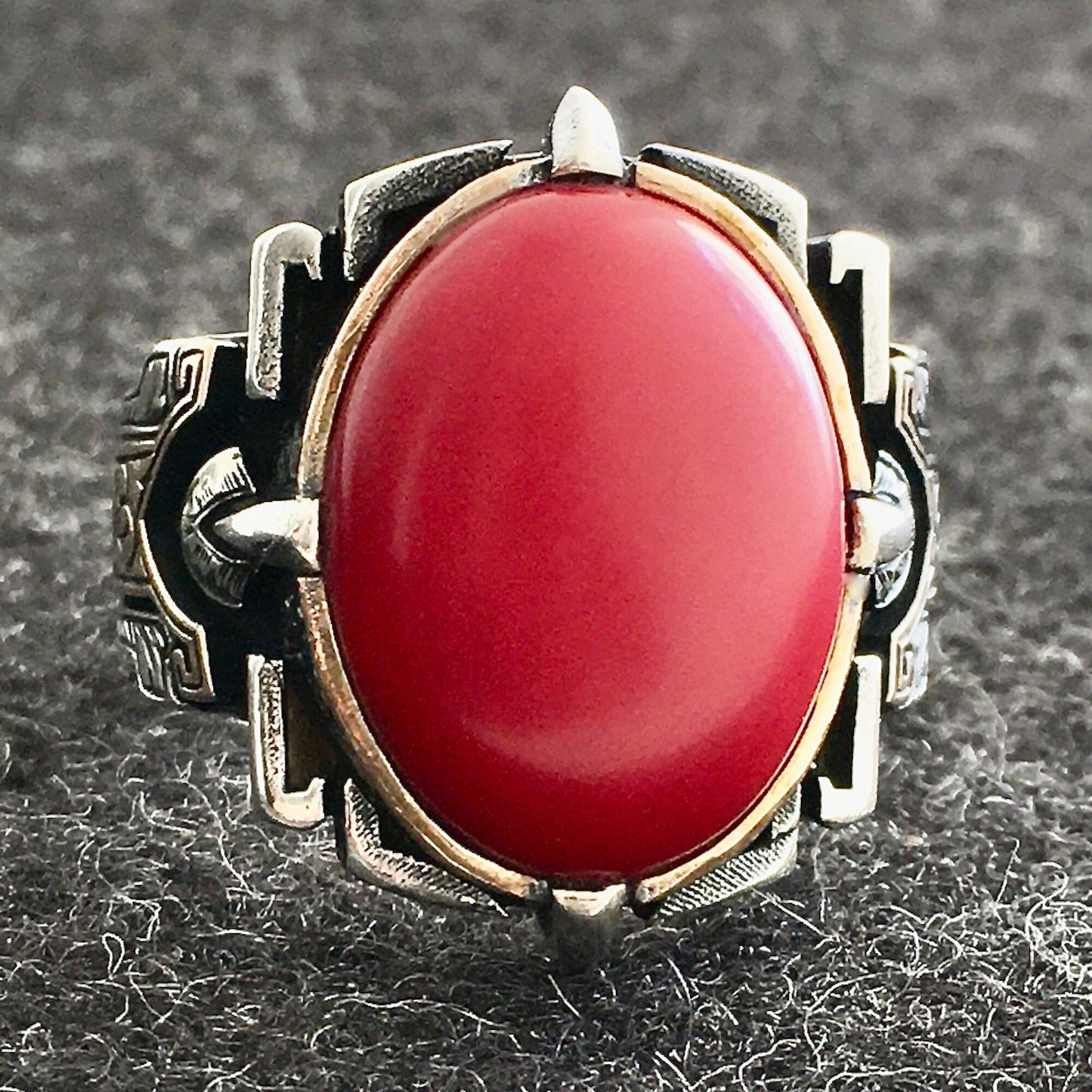 925 Sterling Silver Men's Signet Ring Natural Red Coral Stone - Size 12 Free Resizing