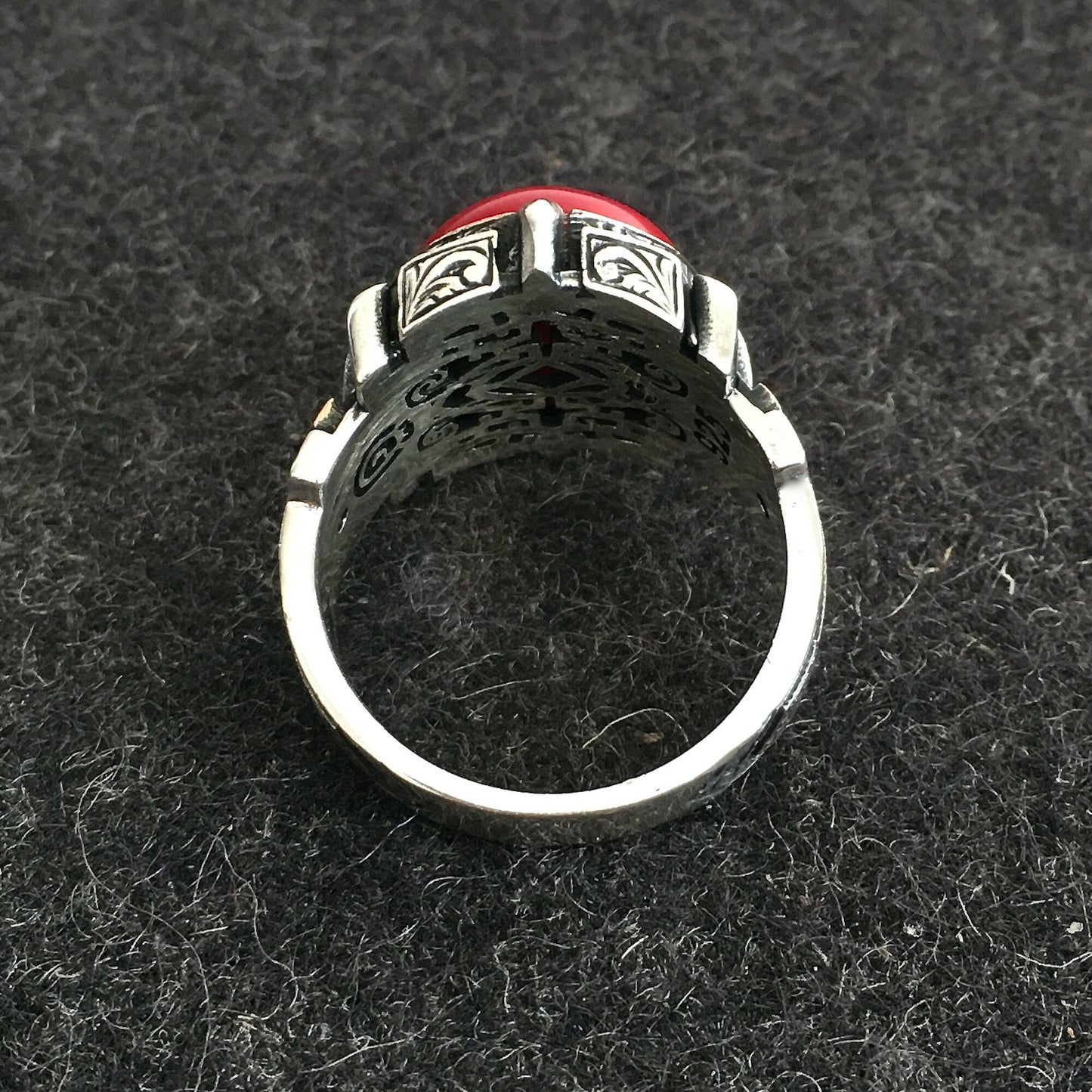 925 Sterling Silver Men's Signet Ring Natural Red Coral Stone - Size 12 Free Resizing