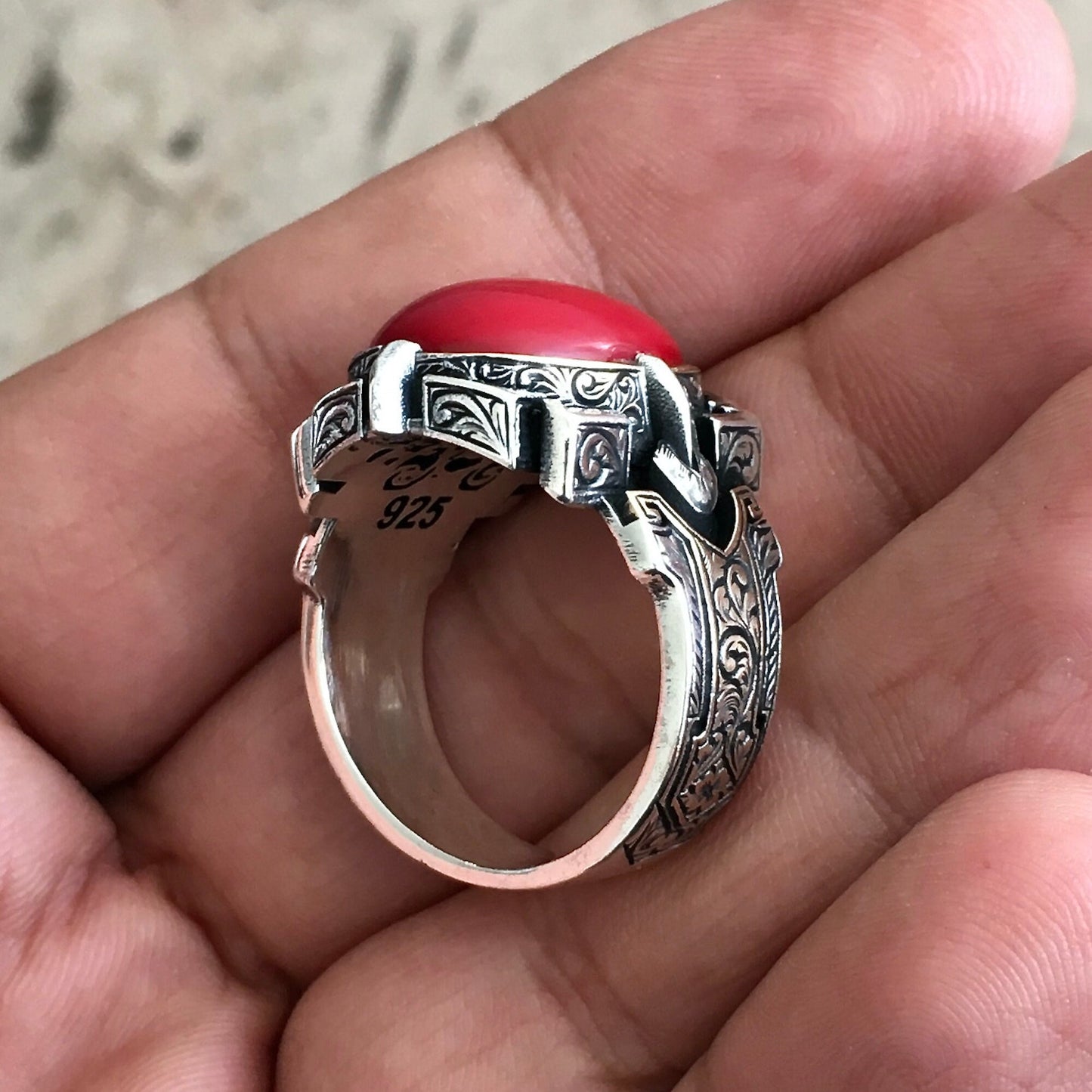 925 Sterling Silver Men's Signet Ring Natural Red Coral Stone - Size 12 Free Resizing