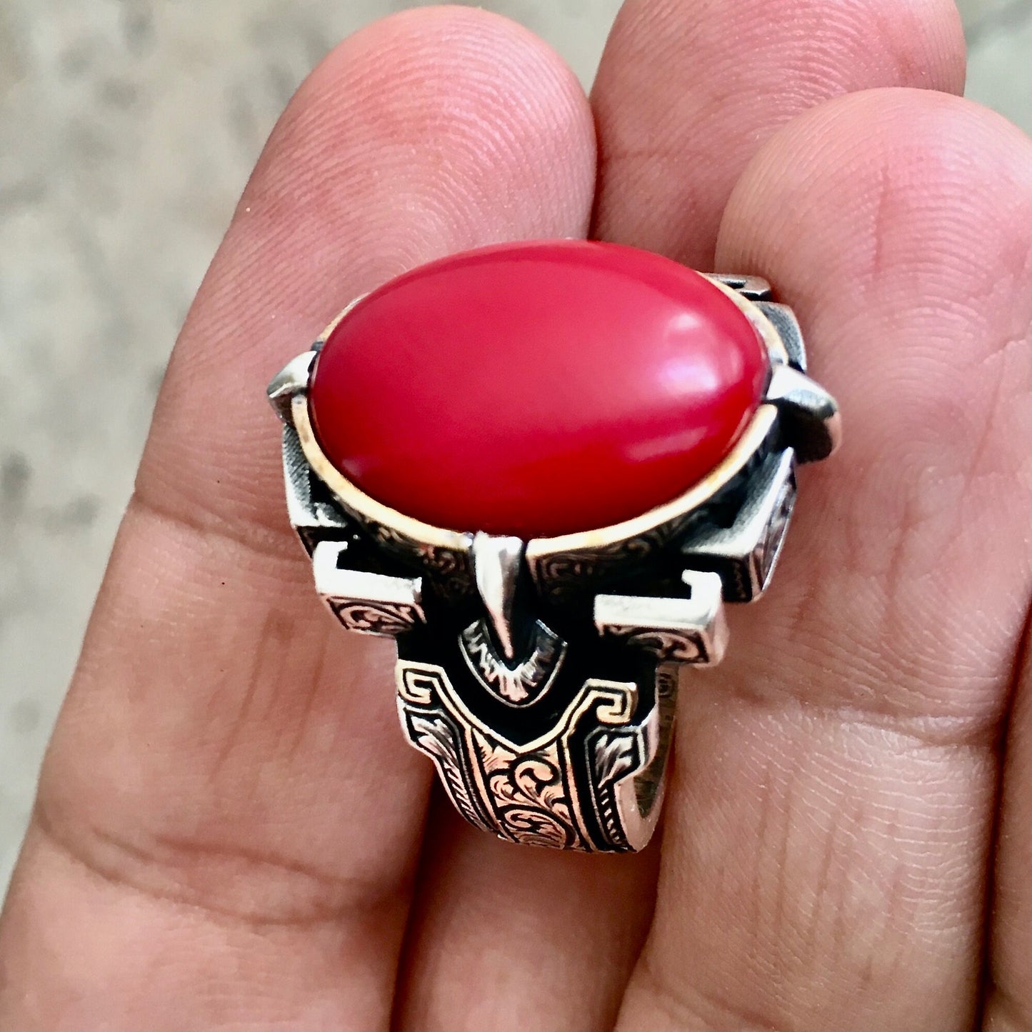 925 Sterling Silver Men's Signet Ring Natural Red Coral Stone - Size 12 Free Resizing