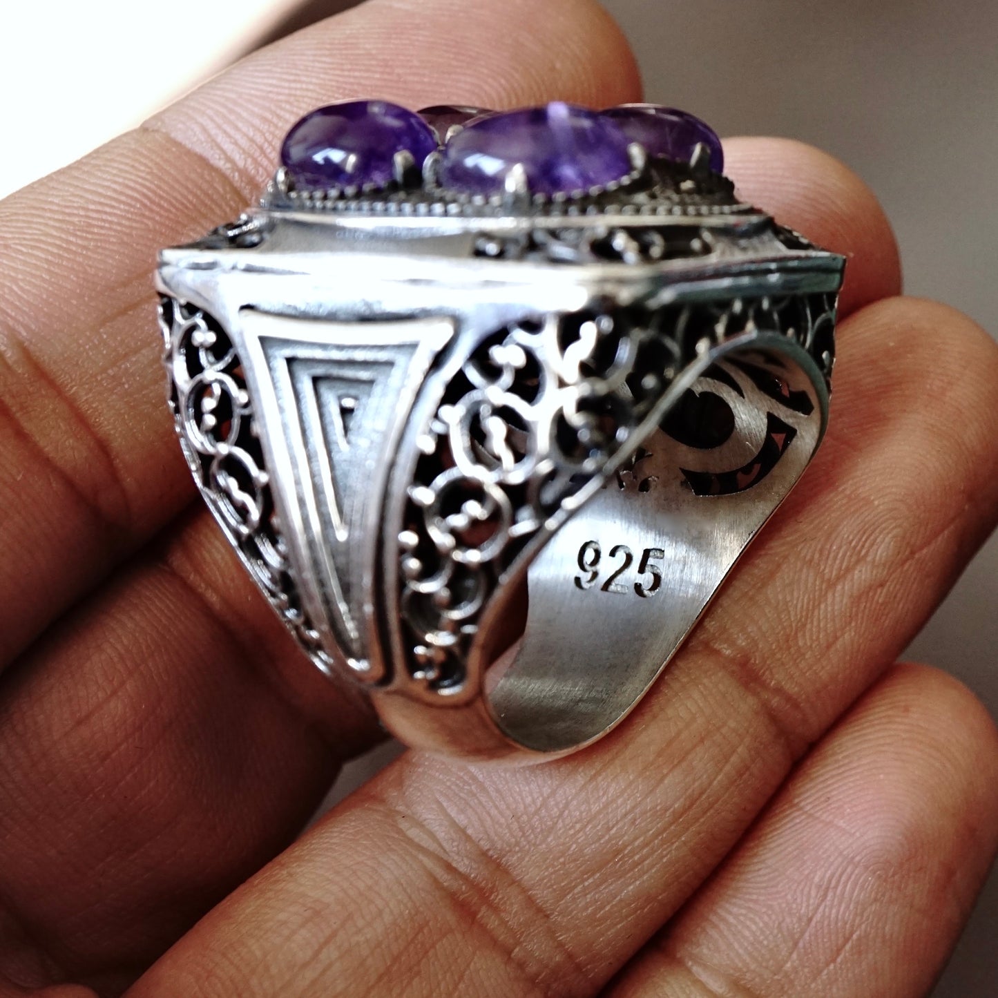 Silver Men's Bold Statement Ring natural Amethyst gemstone solid 925 Sterling Unique Artisan Handmade Jewelry