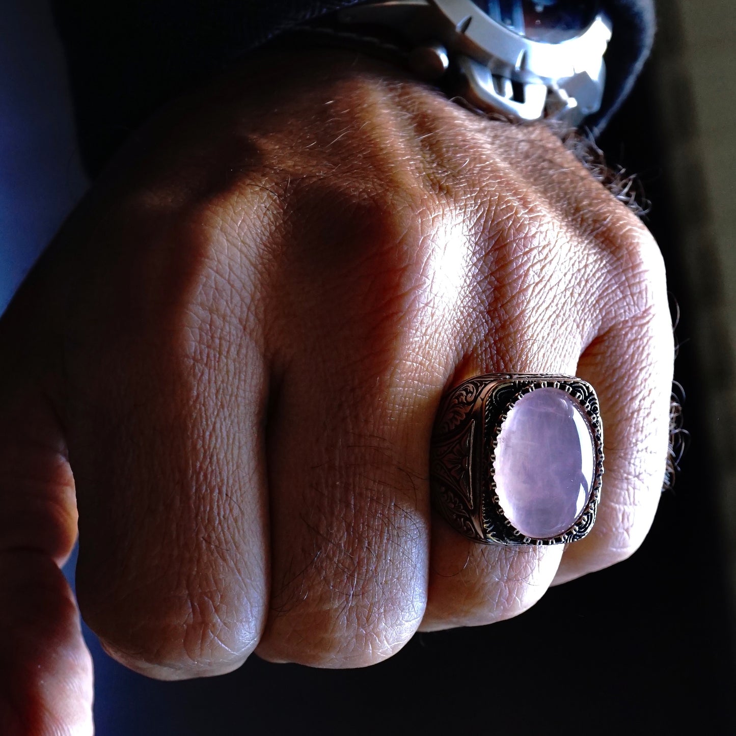 Men's 925 Sterling Silver Rose Quartz Signet Ring – Handcrafted Turkish Artisan Jewelry Size US11