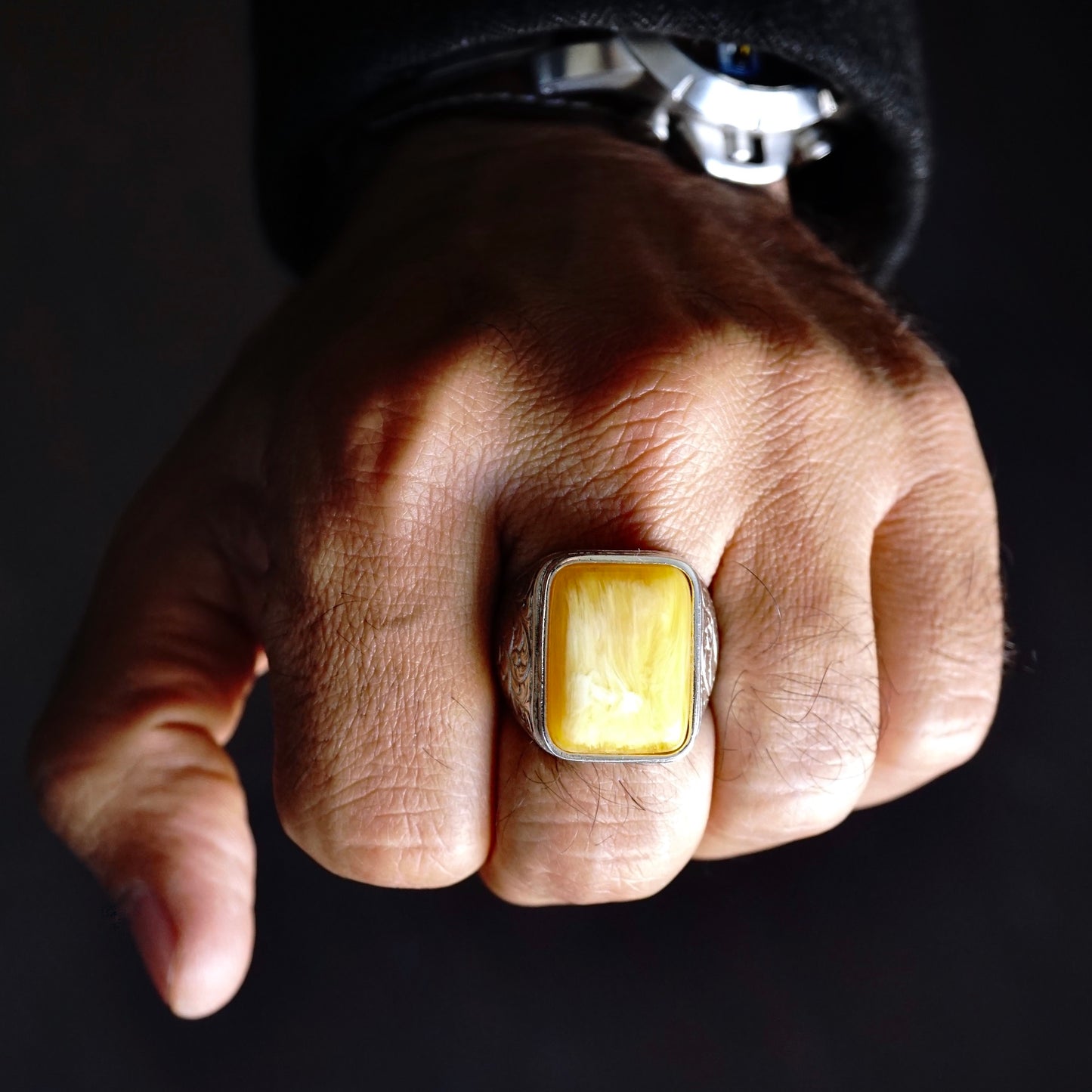 Men's 925 Sterling Silver Amber Ring – Handcrafted Turkish Artisan Jewelry Size US11
