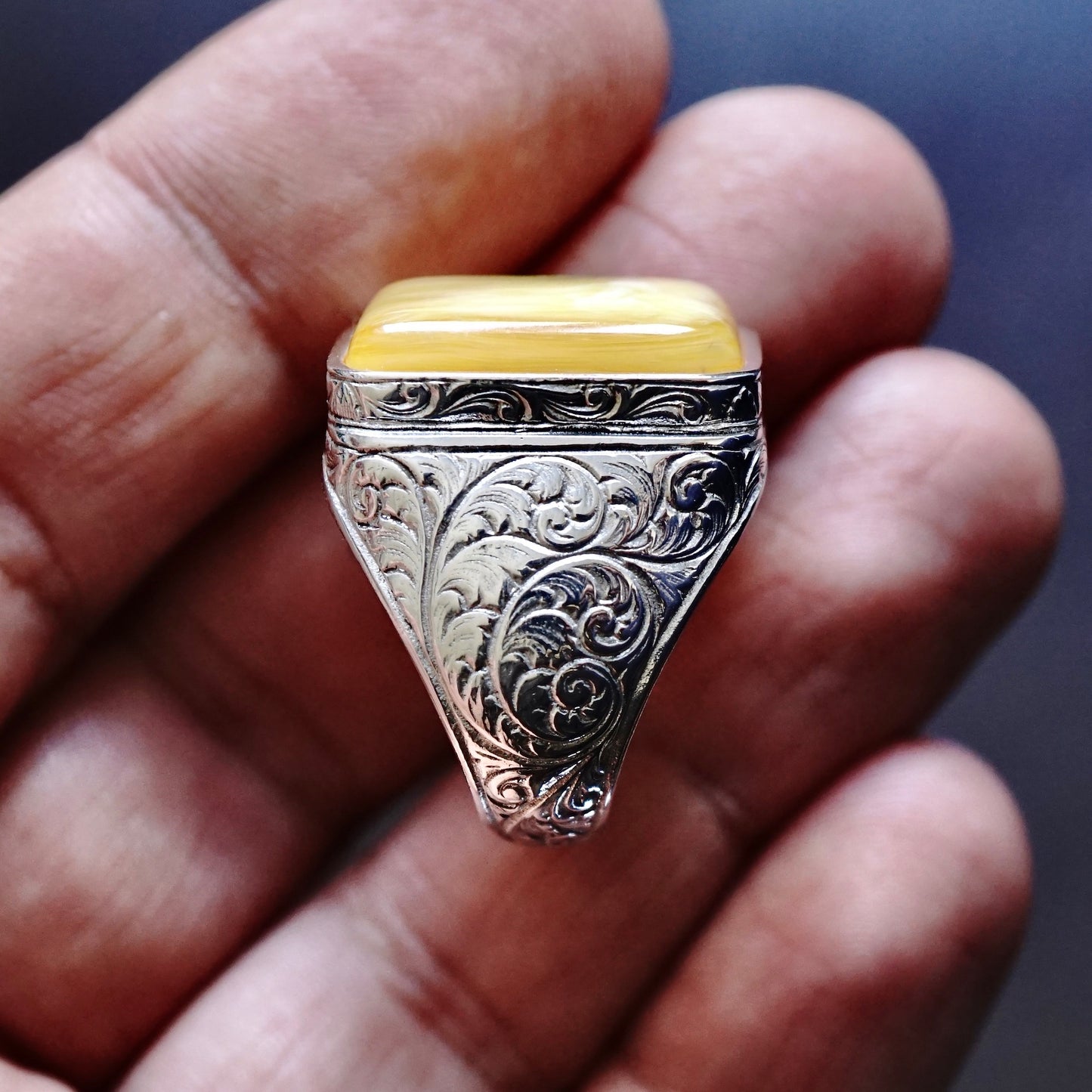 Men's 925 Sterling Silver Amber Ring – Handcrafted Turkish Artisan Jewelry Size US11