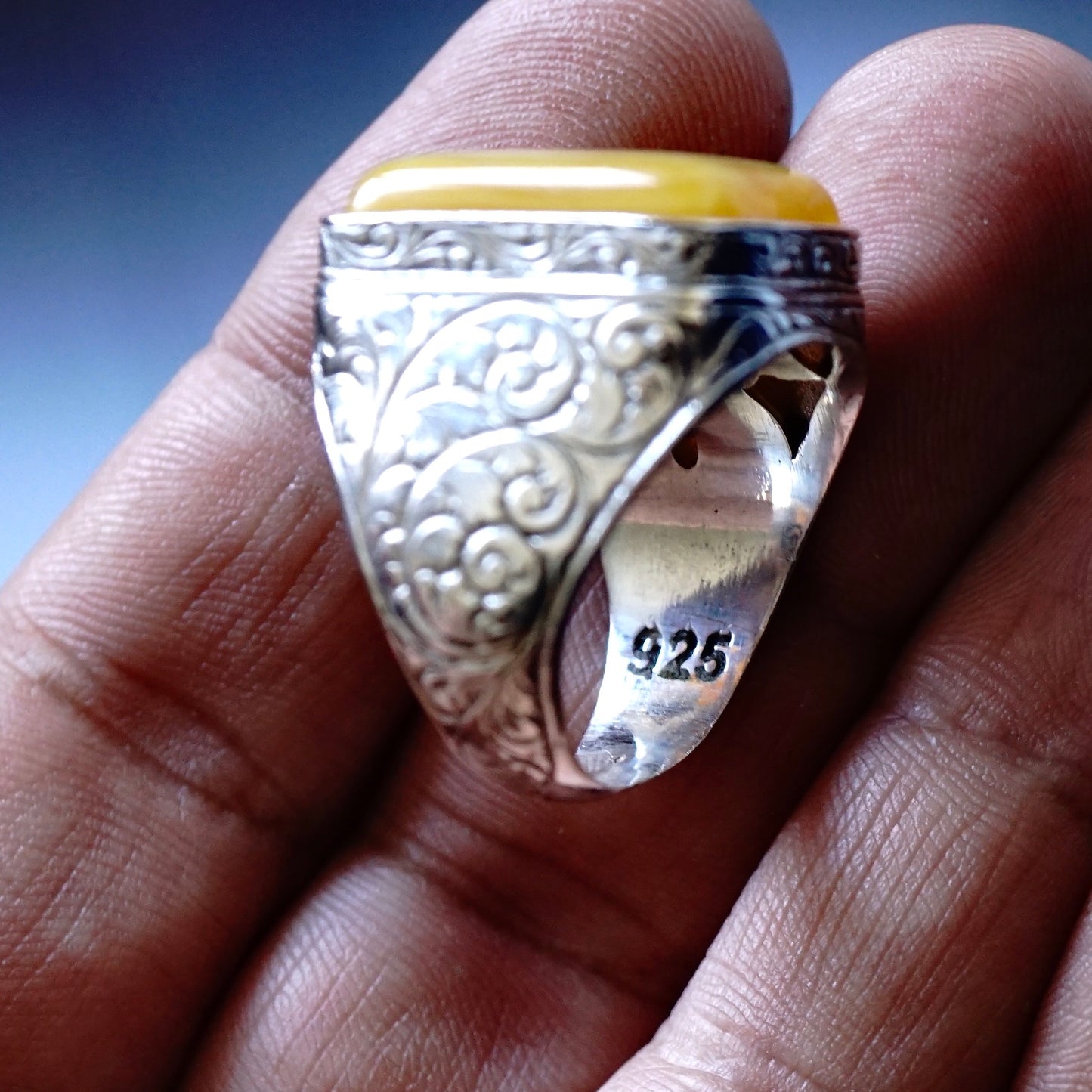 Men's 925 Sterling Silver Amber Ring – Handcrafted Turkish Artisan Jewelry Size US11
