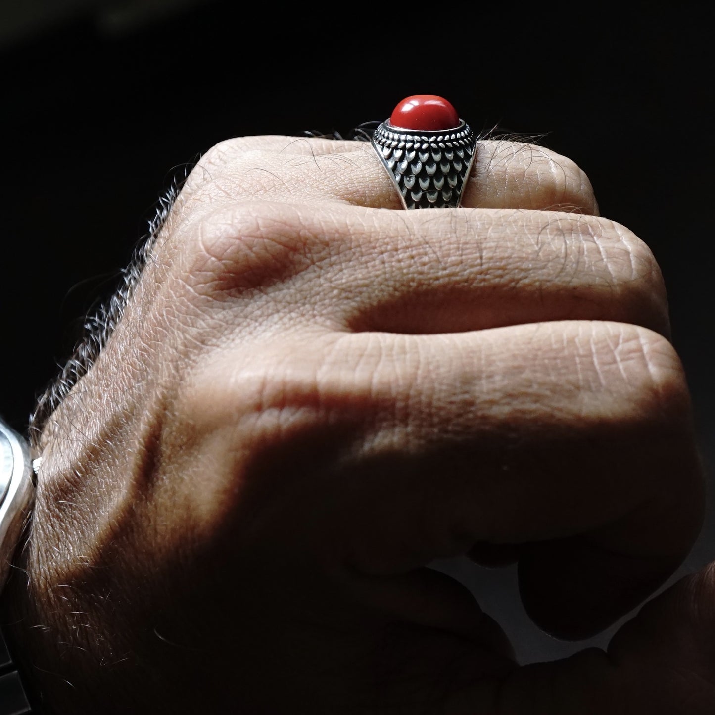 Genuine Red Coral Men's Ring – 925 Sterling Silver Handcrafted Artisan Jewelry