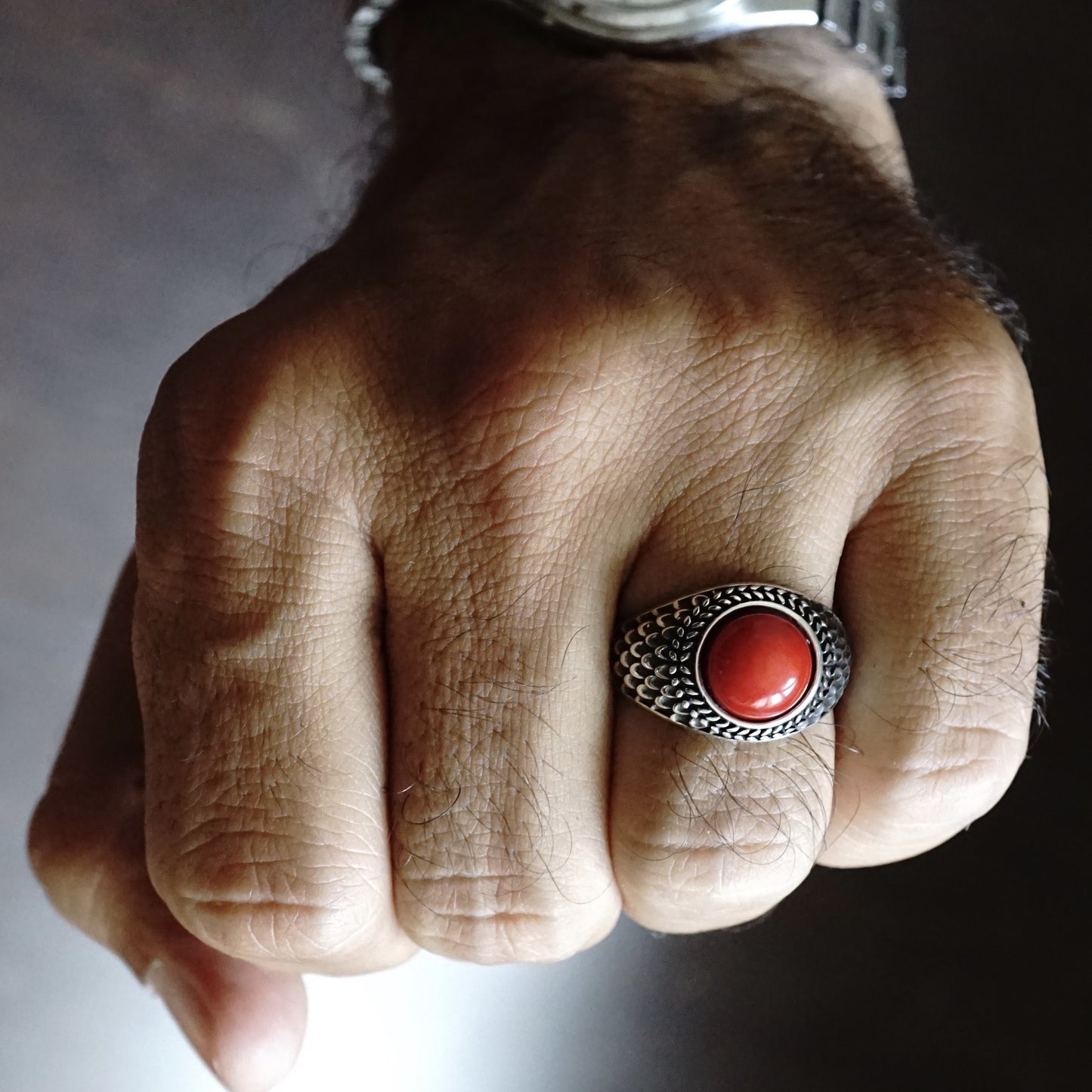Genuine Red Coral Men's Ring – 925 Sterling Silver Handcrafted Artisan Jewelry