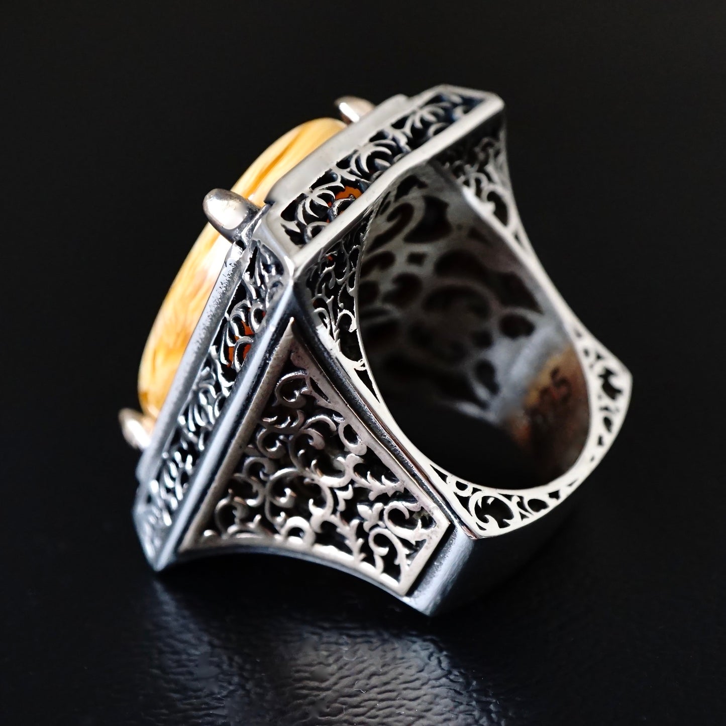 Mens Ring Sterling Silver Amber Heavy Large Solid Bold Chunky Artistic Designer Jewelry Turkish Handmade