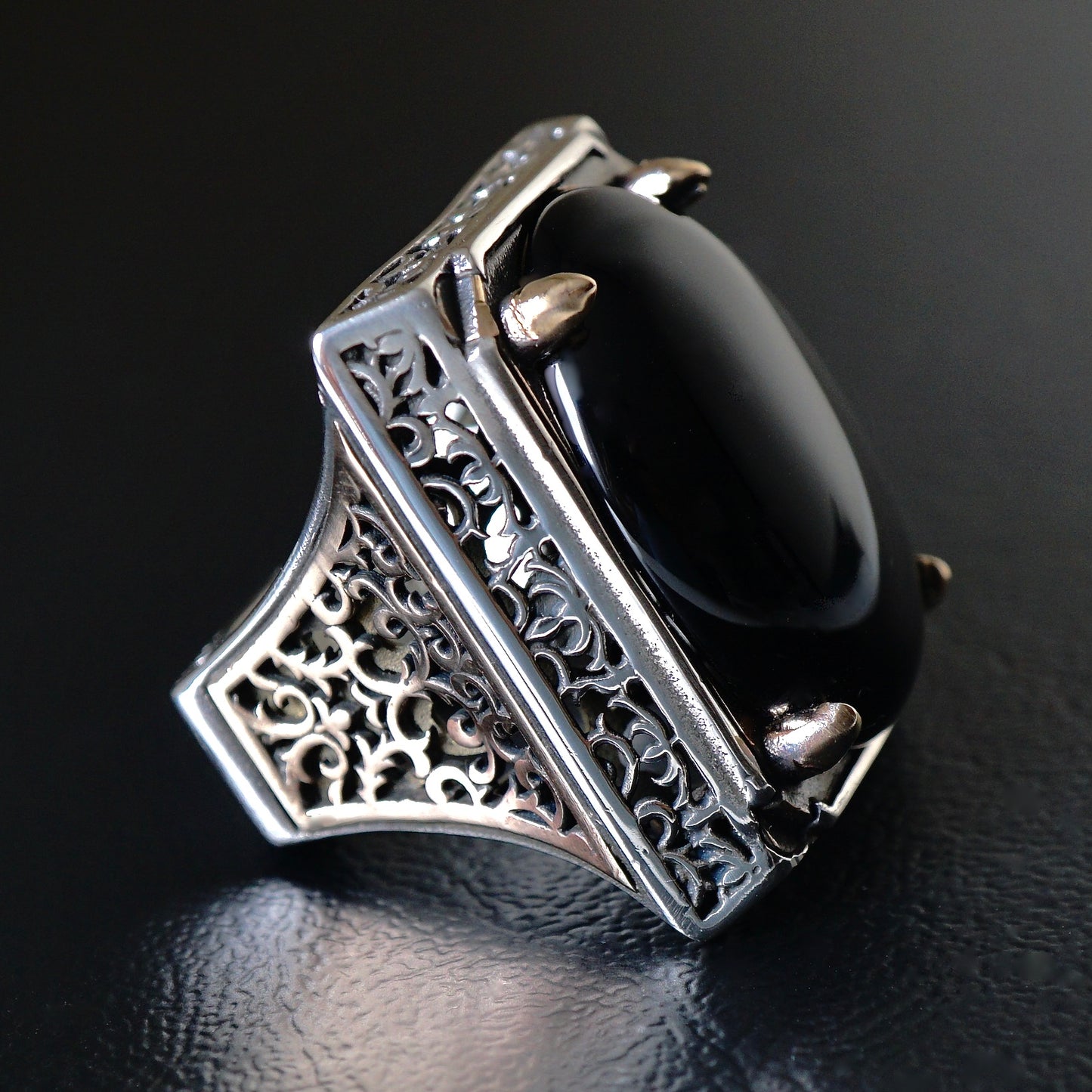 Black Onyx Mens Big Ring Heavy Solid Sterling Silver 925 Turkish Artisan Designer Jewelry