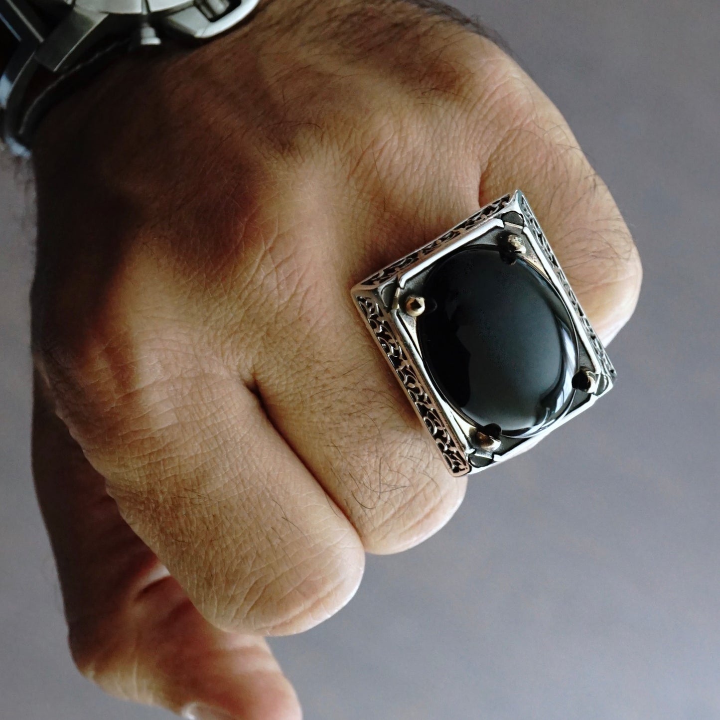 Black Onyx Mens Ring 925 Sterling Silver Large Heavy Artisan Handmade Jewelry