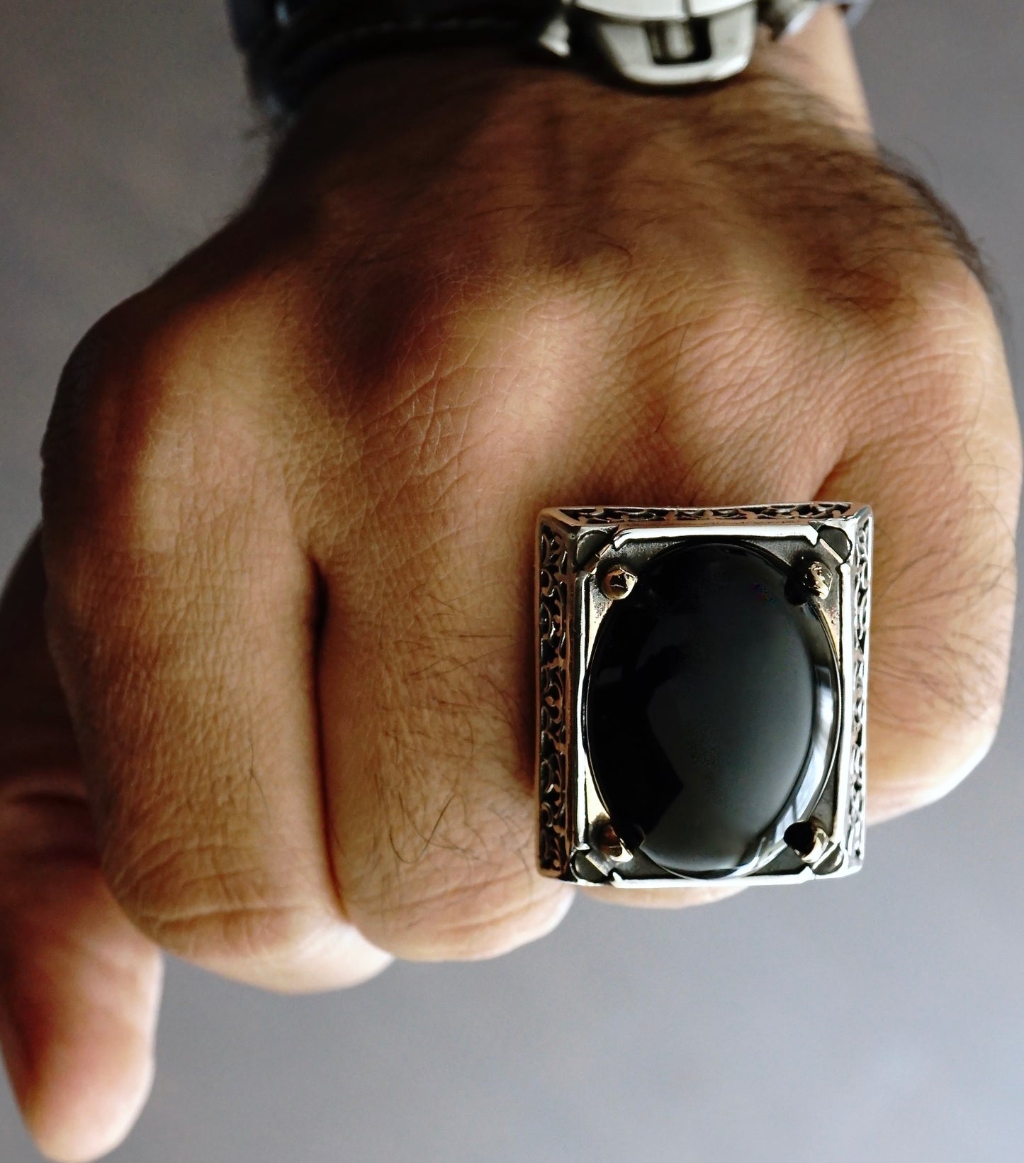 Black Onyx Mens Big Ring Heavy Solid Sterling Silver 925 Turkish Artisan Designer Jewelry