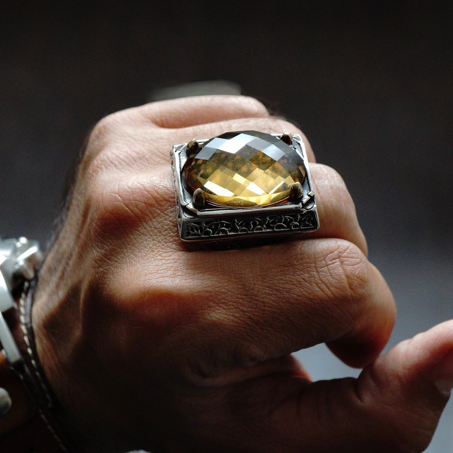 Big Mens Ring golden Citrine Sterling Silver large Stone Solid 925k Turkish Handmade Jewelry