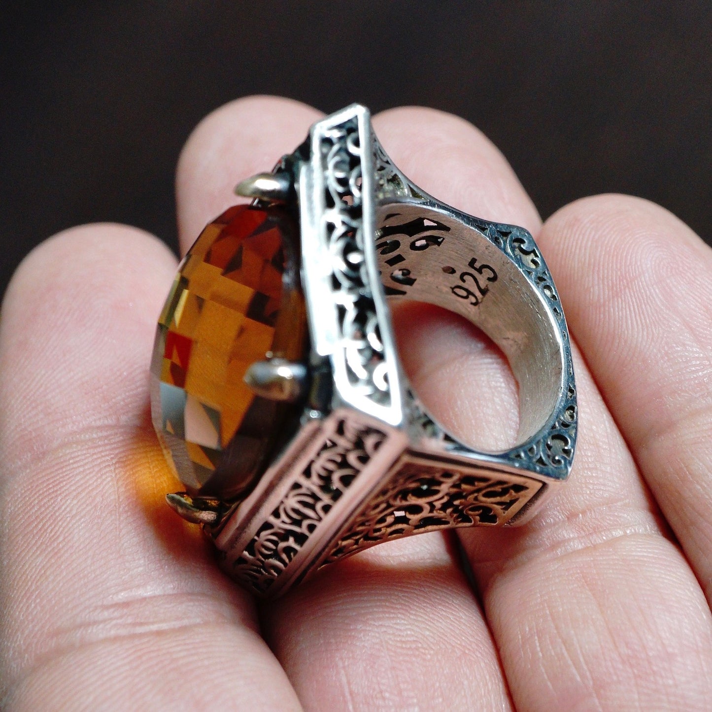 Big Mens Ring golden Citrine Sterling Silver large Stone Solid 925k Turkish Handmade Jewelry