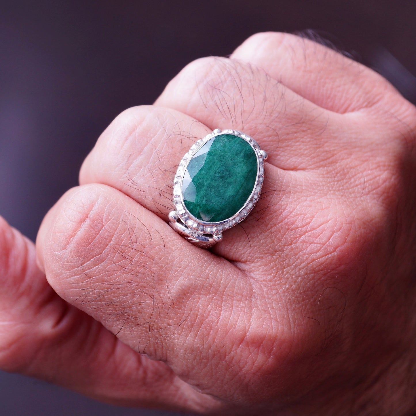 Silver Mens Ring Emerald gemstone Handmade solid 925 Sterling natural Beryl 10ct Unique Artisan Jewelry