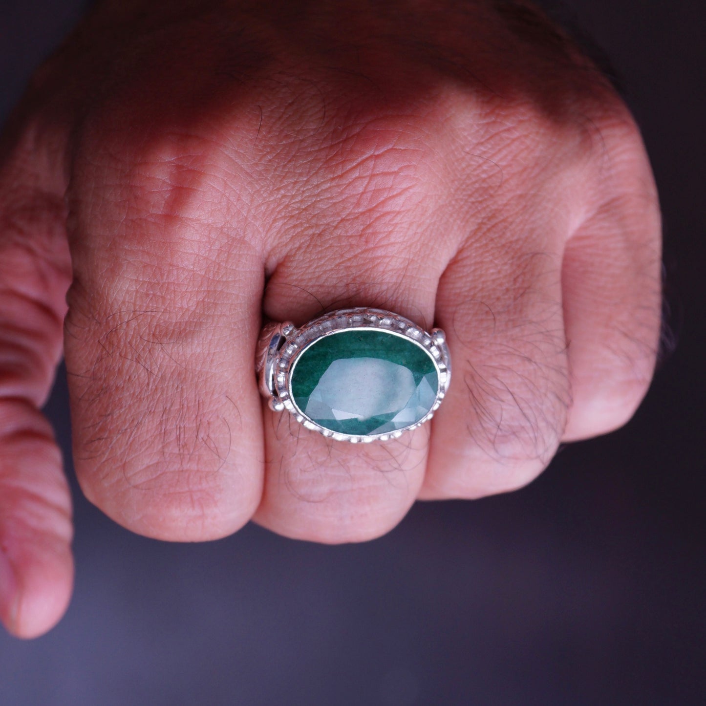 Silver Mens Ring Emerald gemstone Handmade solid 925 Sterling natural Beryl 10ct Unique Artisan Jewelry