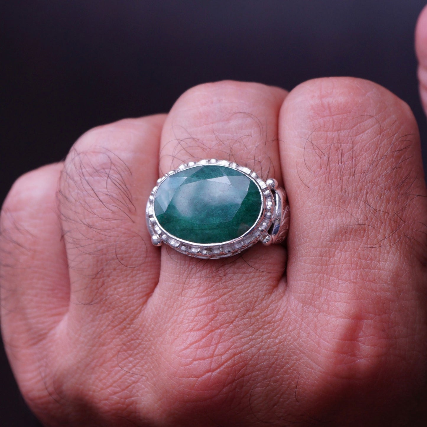 Silver Mens Ring Emerald gemstone Handmade solid 925 Sterling natural Beryl 10ct Unique Artisan Jewelry