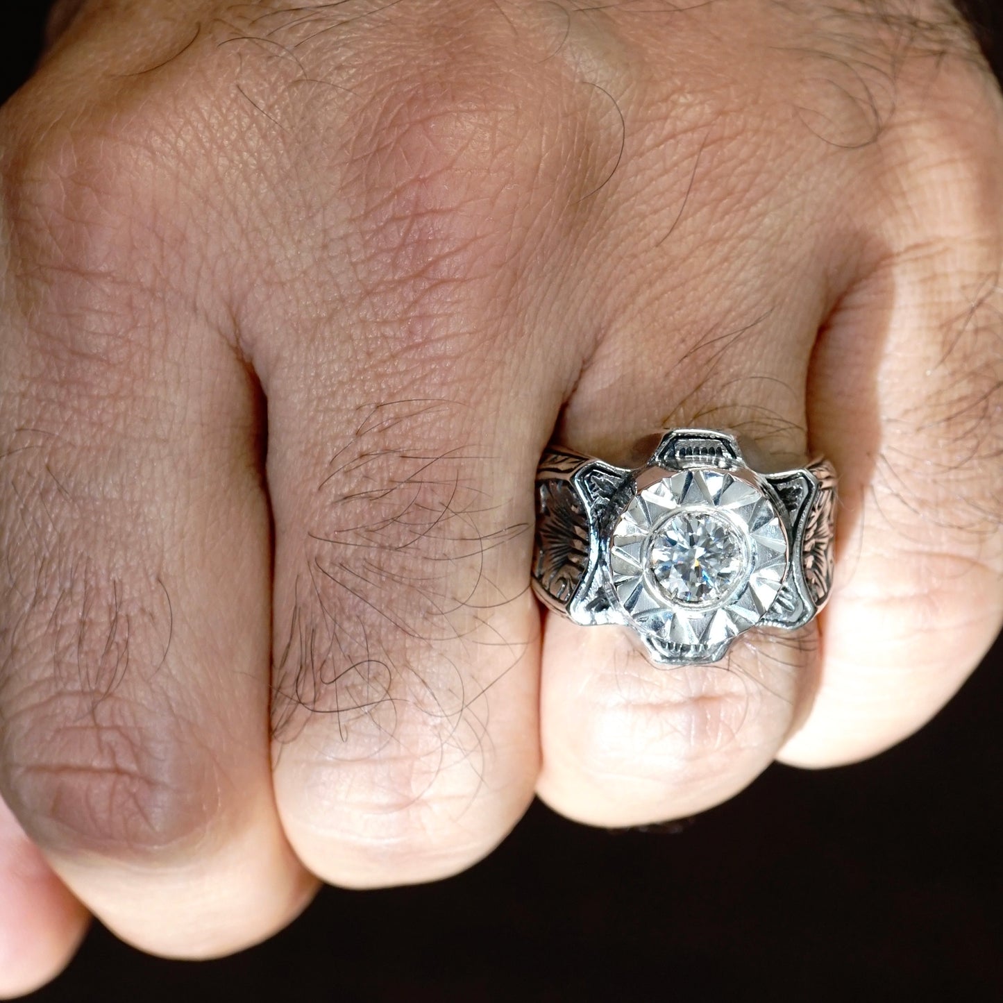 Handcrafted Silver Mens Ring 1.3 ct Moissanite Unique Turkish Jewelry Masterwork size US10