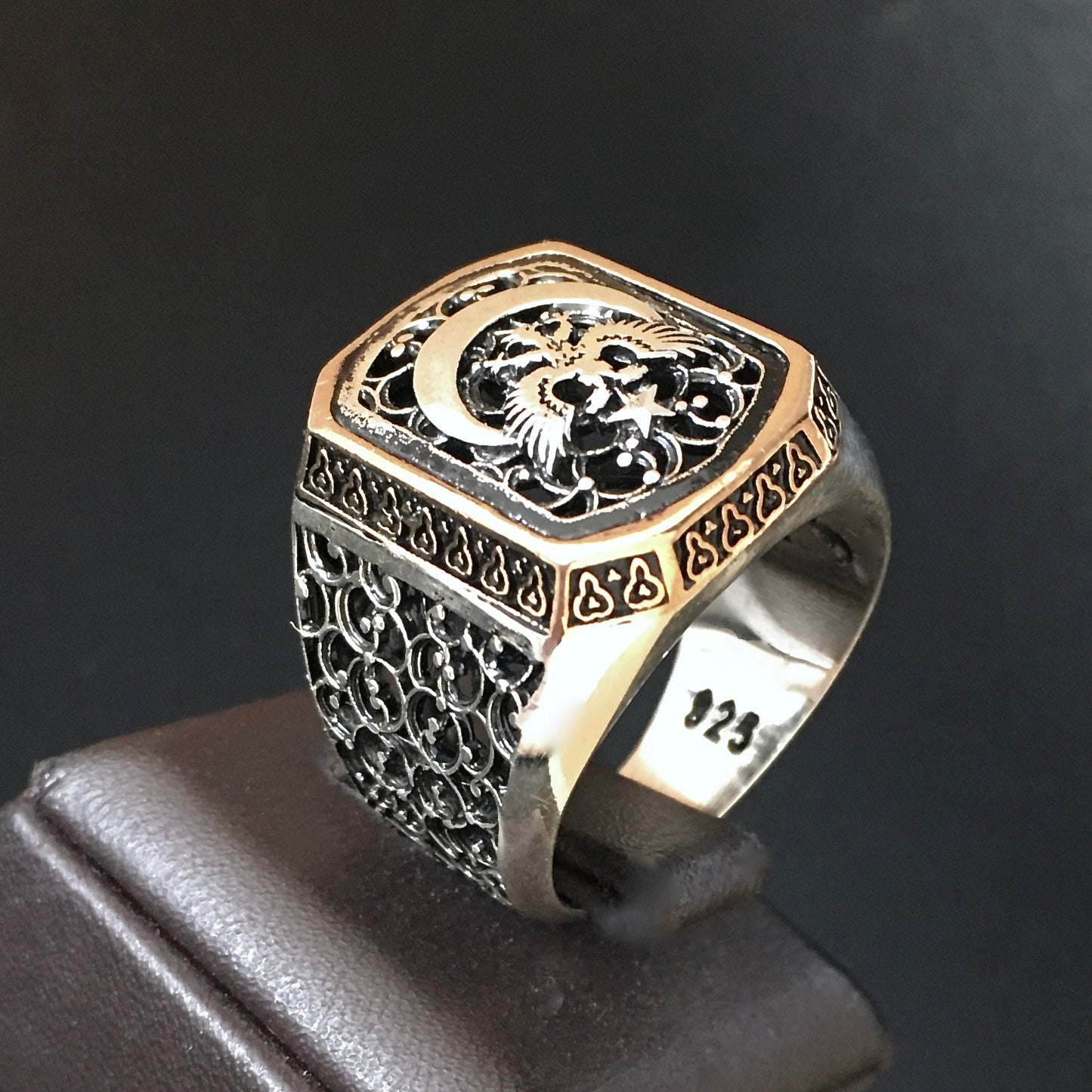 Sterling Silver Men's Turkish Biker Signet Ring Crescent Star Double Headed Eagle