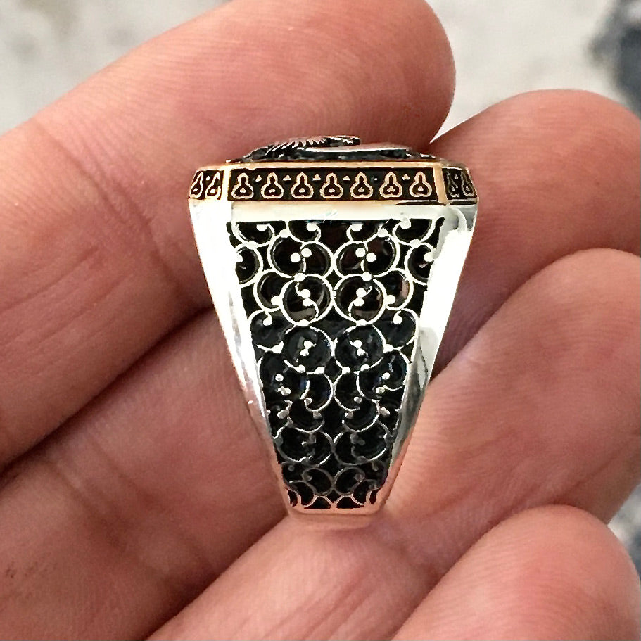 Sterling Silver Men's Turkish Biker Signet Ring Crescent Star Double Headed Eagle