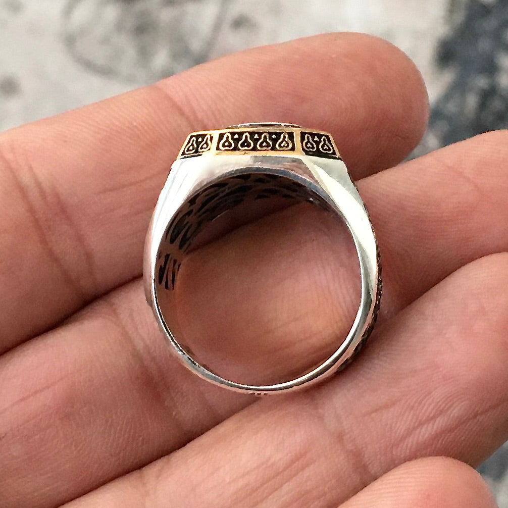 Sterling Silver Men's Turkish Biker Signet Ring Crescent Star Double Headed Eagle