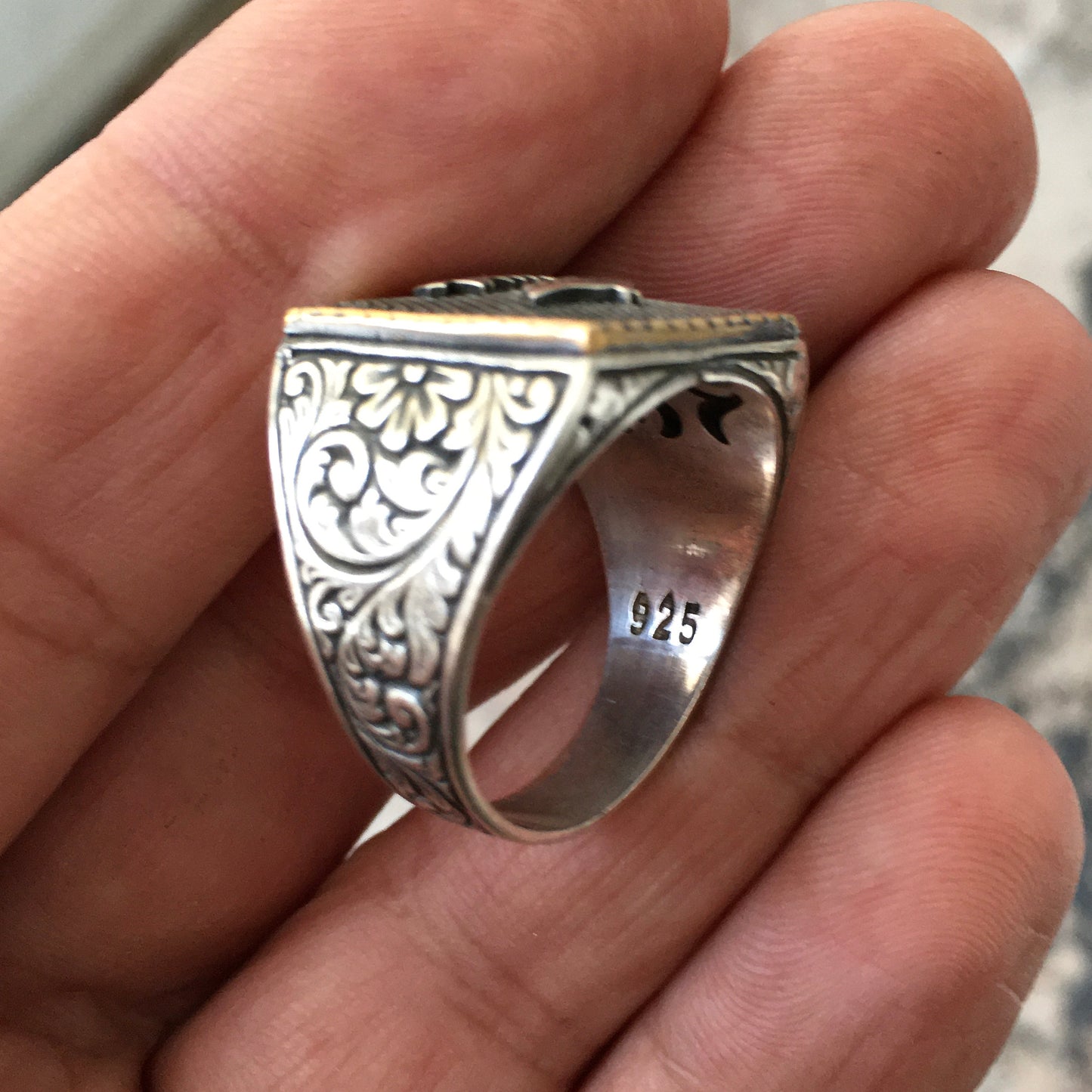 925 Sterling Silver Signet Ring Gokturk Wolf Solid Turkish Men's Jewelry