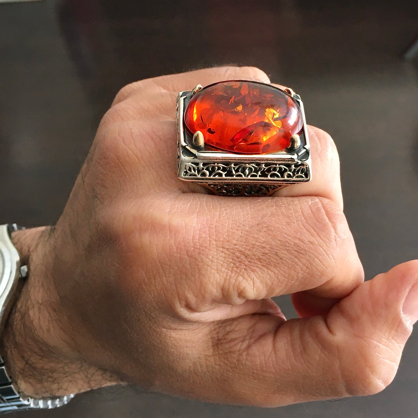 Fire Amber Mens Ring Heavy Large Solid Sterling Silver Turkish Artisan Designer Jewelry