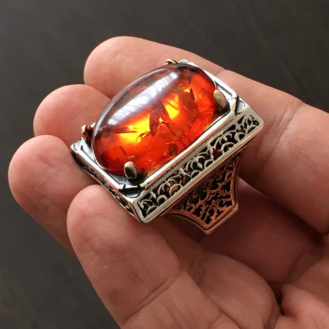 Fire Amber Mens Ring Heavy Large Solid Sterling Silver Turkish Artisan Designer Jewelry