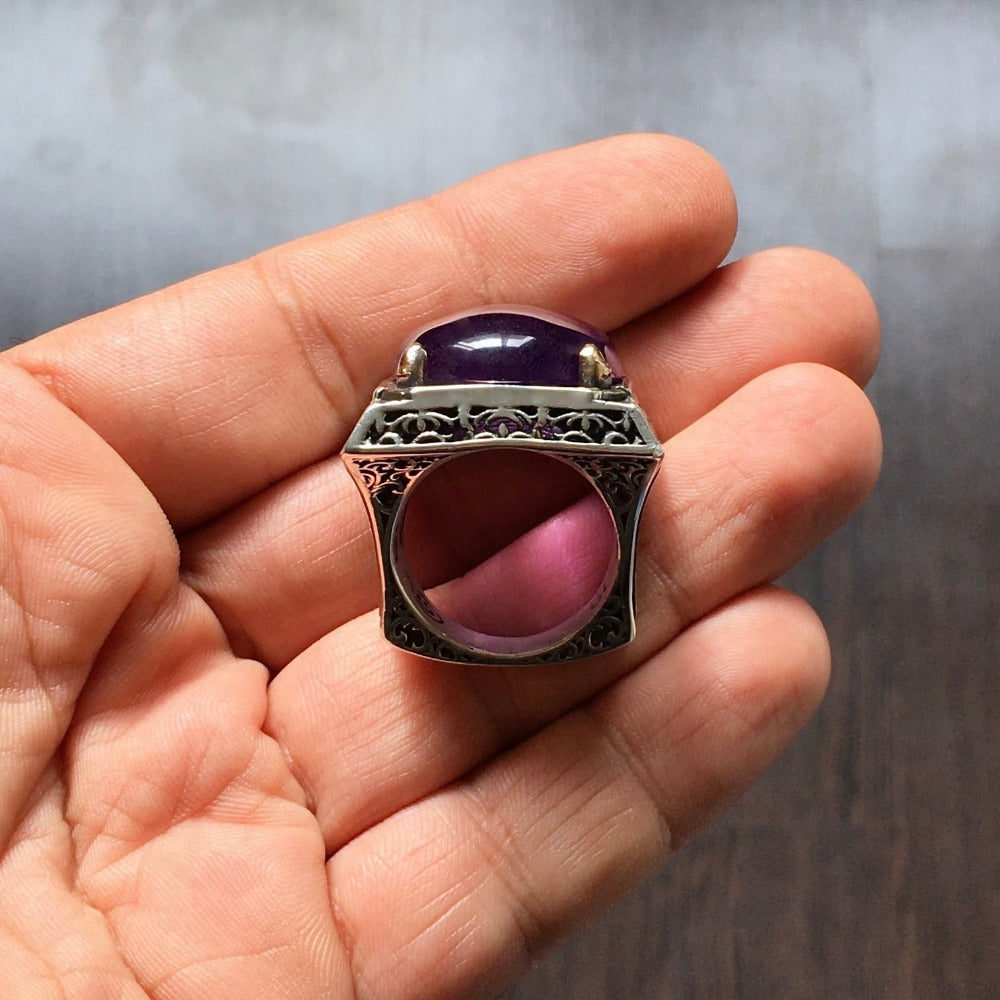 Big Mens Ring Amethyst Sterling Silver 39 ct Natural Gemstone Solid 925k Turkish Handmade Jewelry