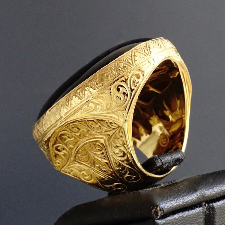 Sterling Silver Mens Ring Gold Plated Black Onyx Big Artisan Statement Jewelry