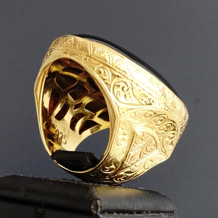 Sterling Silver Mens Ring Gold Plated Black Onyx Big Artisan Statement Jewelry