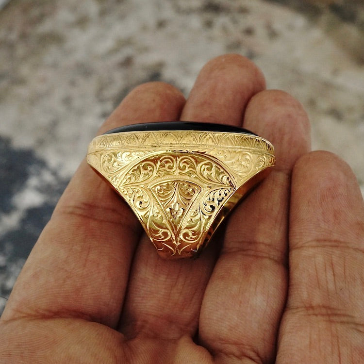 Sterling Silver Mens Ring Gold Plated Black Onyx Big Artisan Statement Jewelry