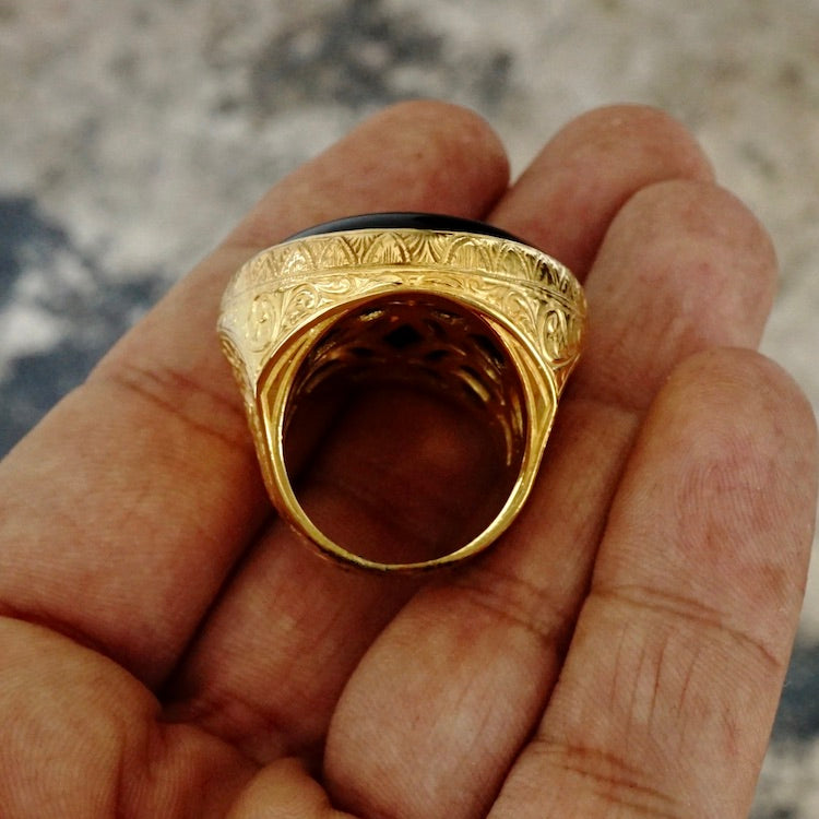 Sterling Silver Mens Ring Gold Plated Black Onyx Big Artisan Statement Jewelry