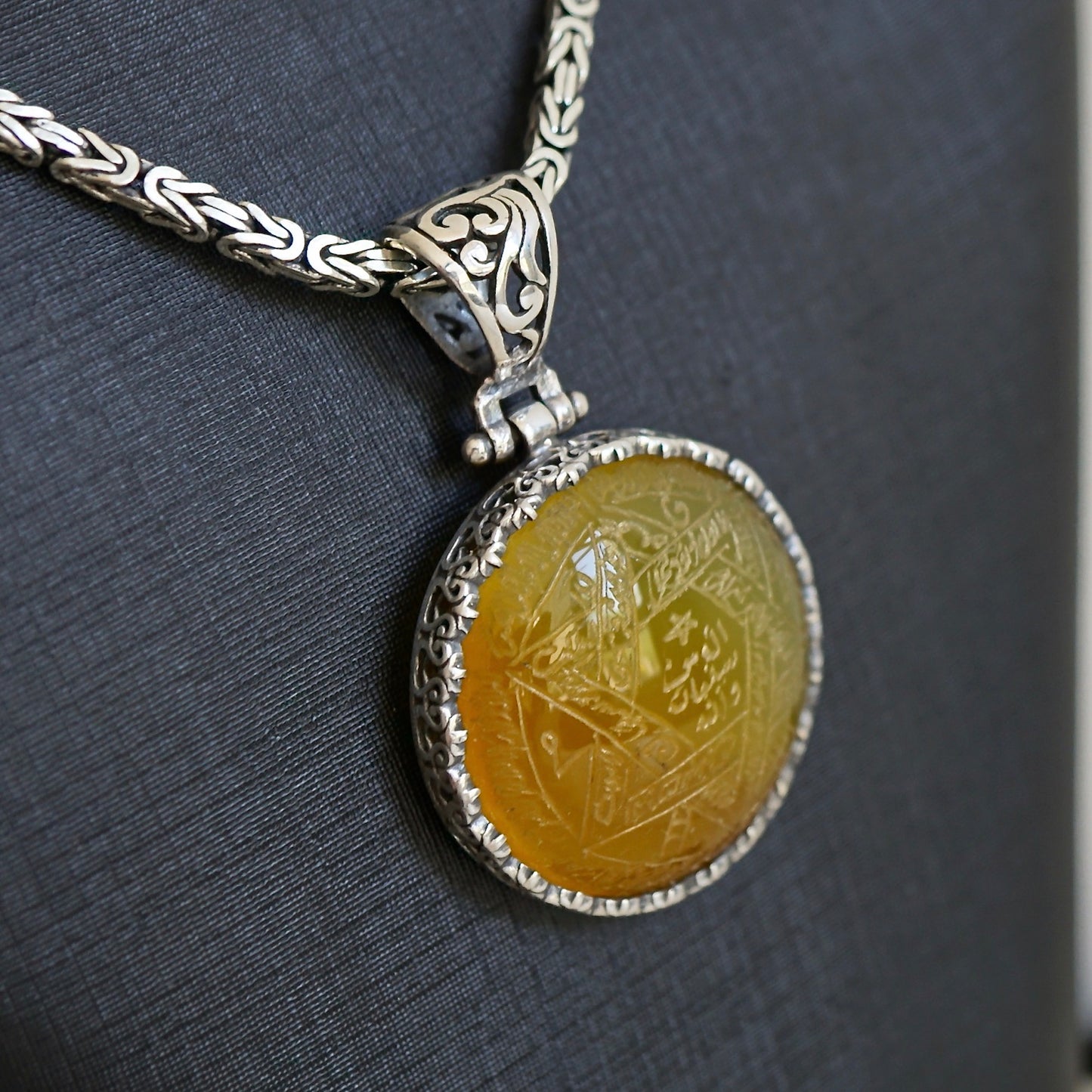 Seal of Solomon Talisman Pendant Yellow agate Zard Aqeeq 925 Silver Kings Chain