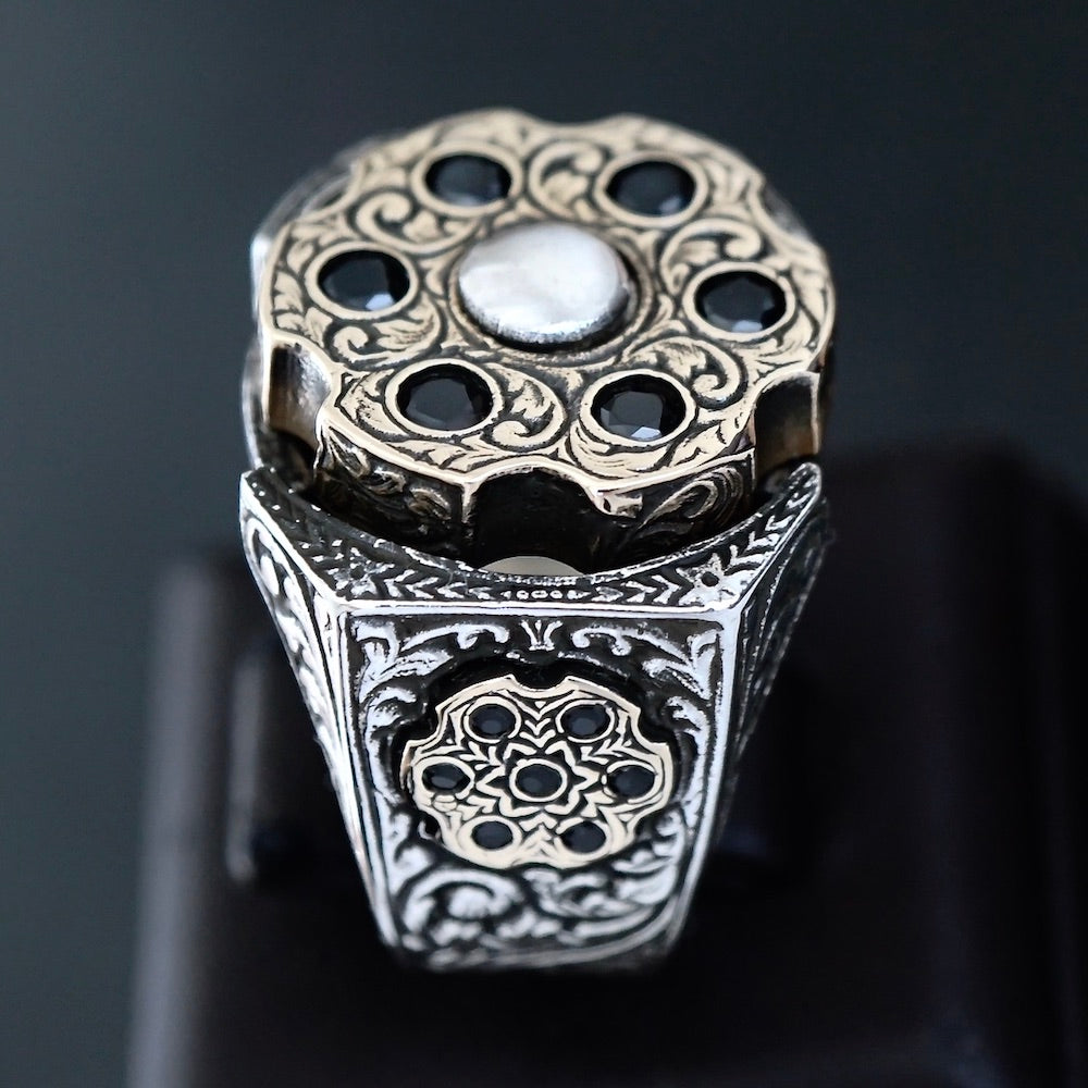 925 Sterling Silver Men's Ring Spinning Revolver Black Diamond Bullet Design Unique Jewelry