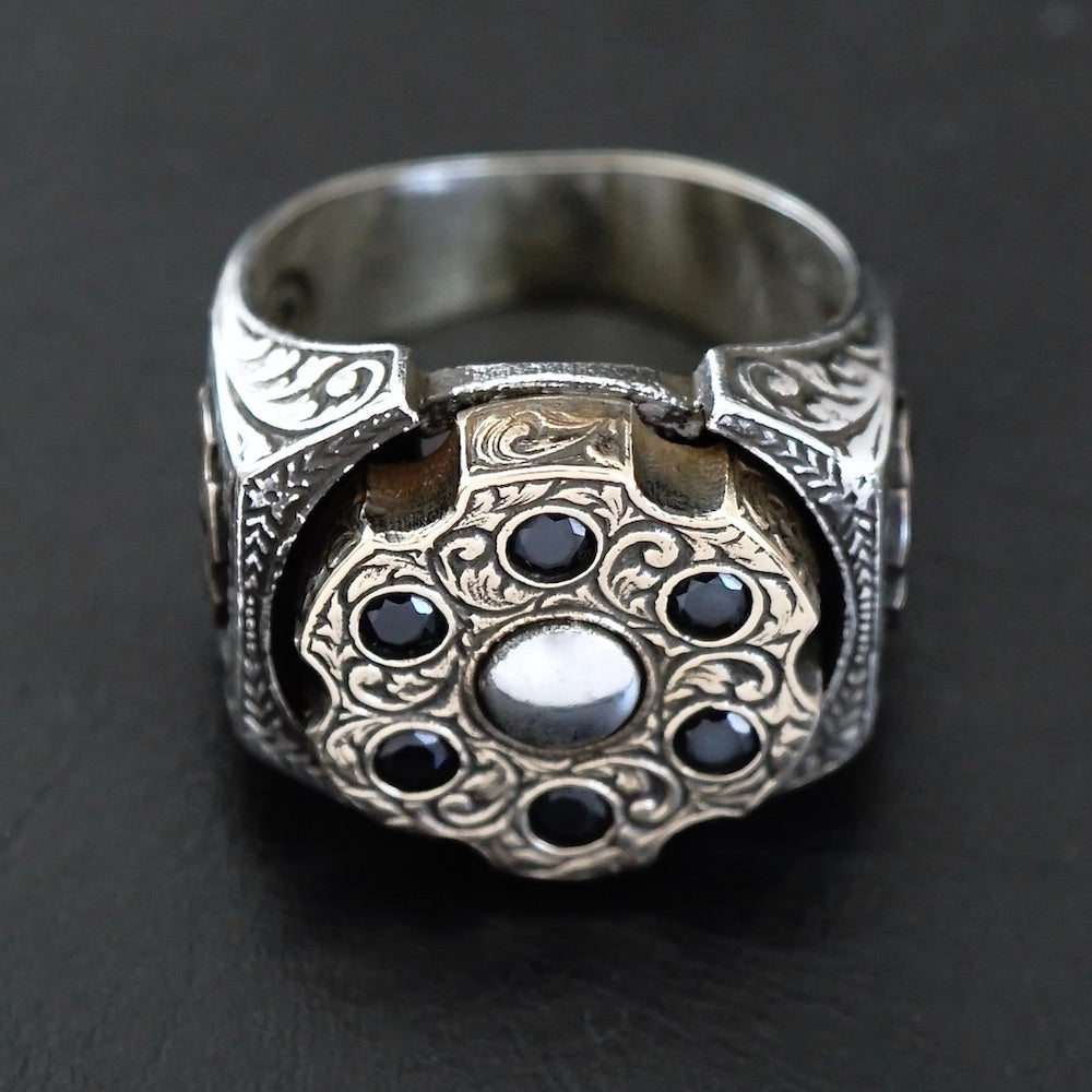 925 Sterling Silver Men's Ring Spinning Revolver Black Diamond Bullet Design Unique Jewelry