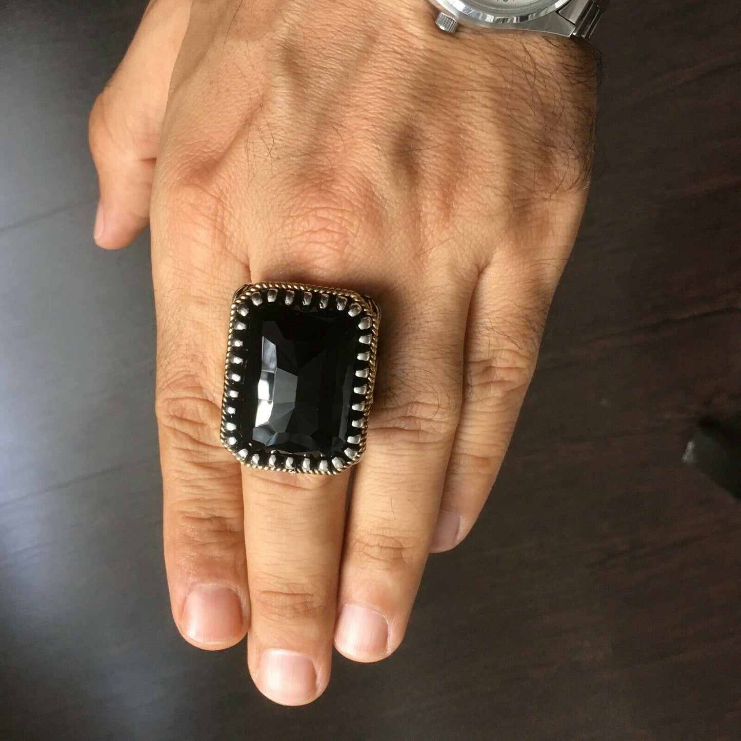 Schwarzer Onyx Herrenring 925 Sterling Silber Großer schwerer Handwerker Handgemachter Schmuck