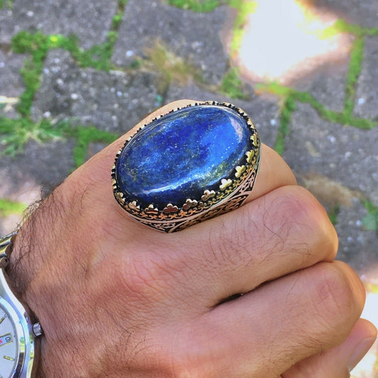 Lapislazuli Herrenring Sterlingsilber Großer außergewöhnlicher Statement-Schmuck