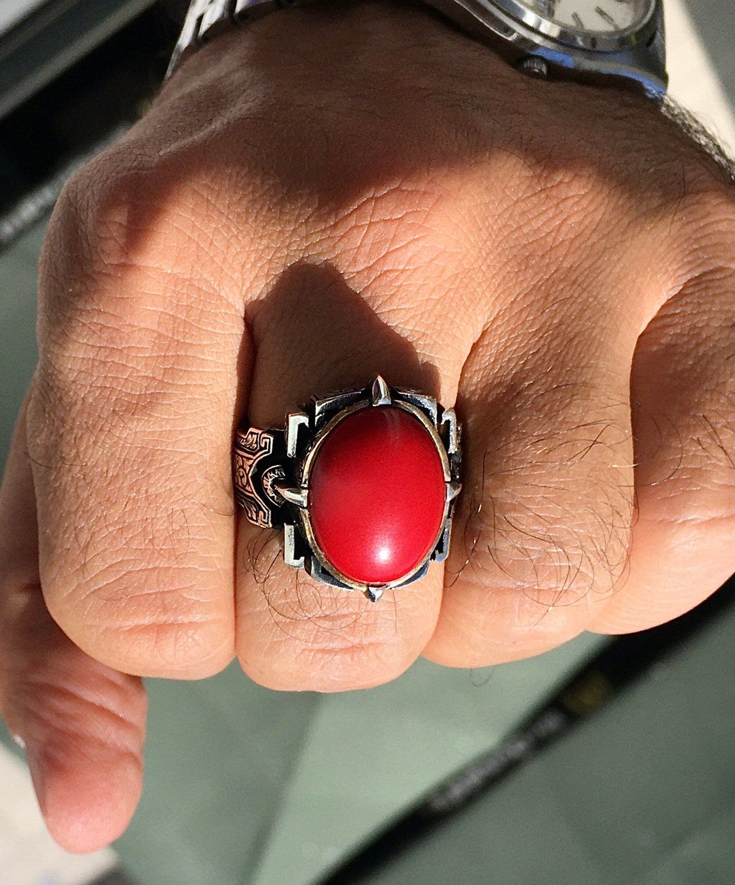 925 Sterling Silver Men's Signet Ring Natural Red Coral Stone - Size 12 Free Resizing